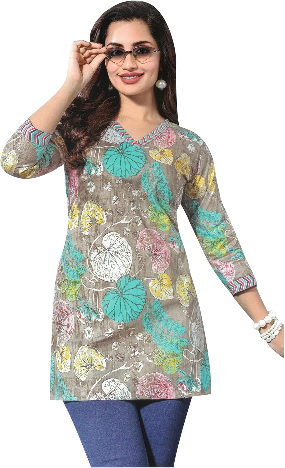 Ladyline Tunique Longue Kurti Kurta Coton Imprimé Ethnique Femme - Fente Devant Et Manches Enroulables