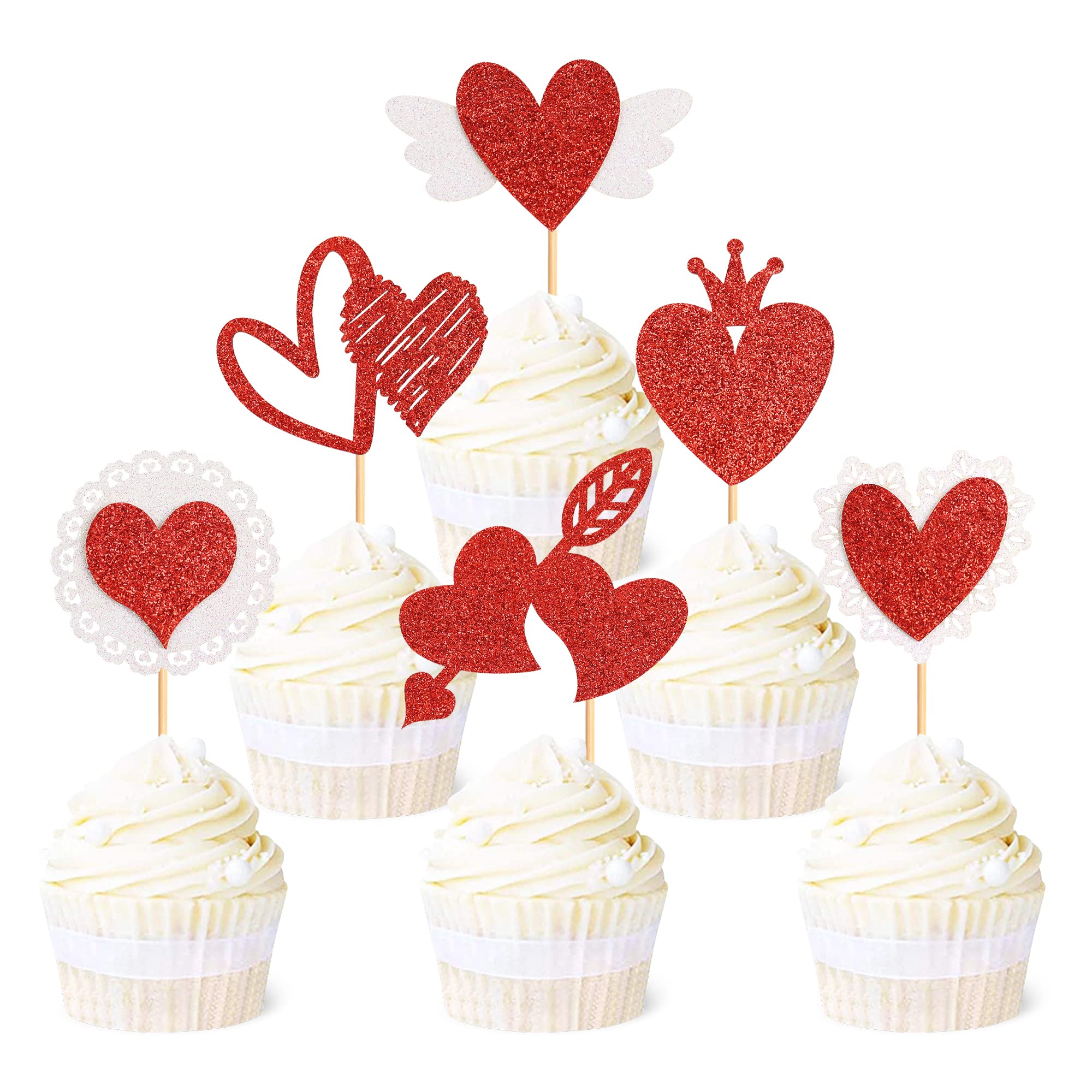 Blumomon 24Pcs Glitter Happy Valentine's Day Cupcake Toppers Love Heart Cupid Cake Decorations for Sweet Love Wedding Engagement Valentine's Day Bridal Shower Party Cake Decors