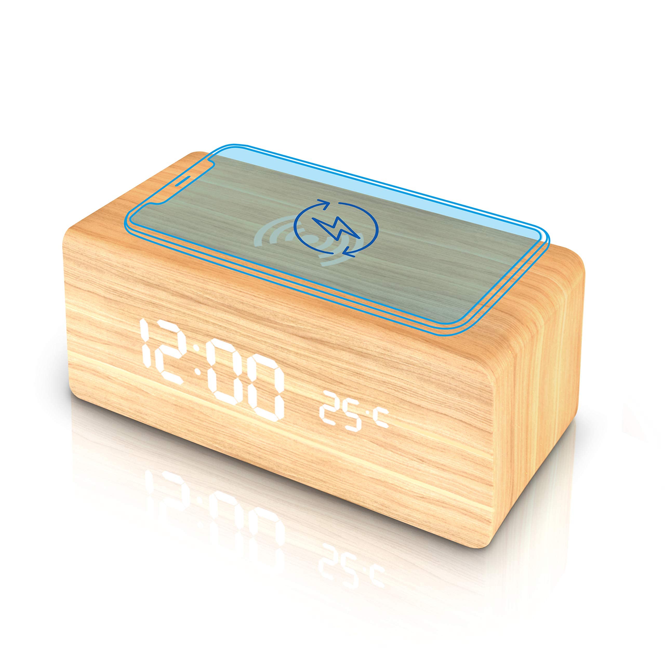 Buy ELECDON Wooden Alarm Clock with Wireless Charging Pad, LED Digital