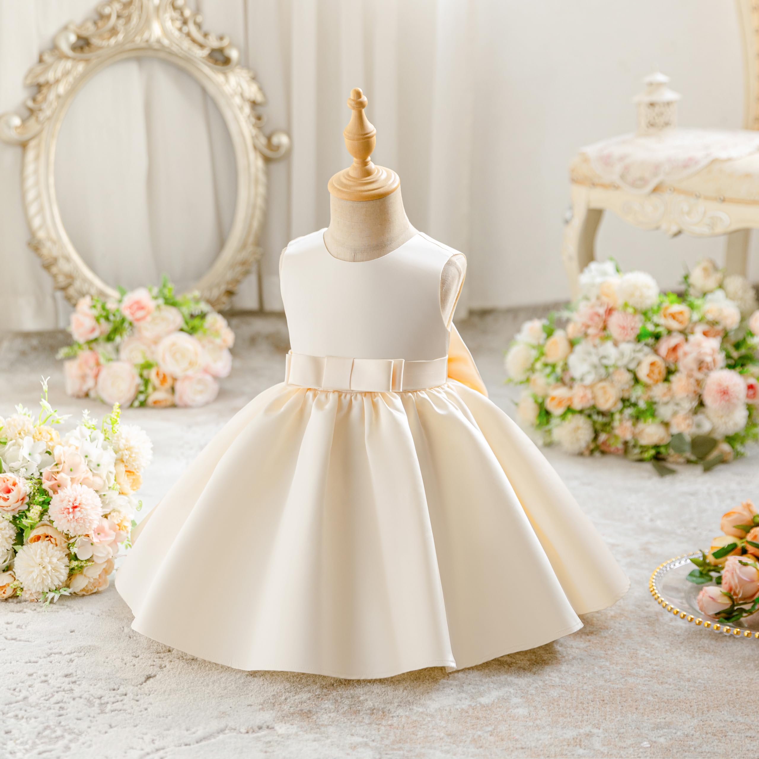 Miipat Robe pour Bébé Fille Satiné Robe Demoiselle d'honneur Bowknot Ligne A V-arrière Baptême Mariage de Soirée Anniversaire Fête Communion Robes pour Enfants de 6 Mois à 4 Ans
