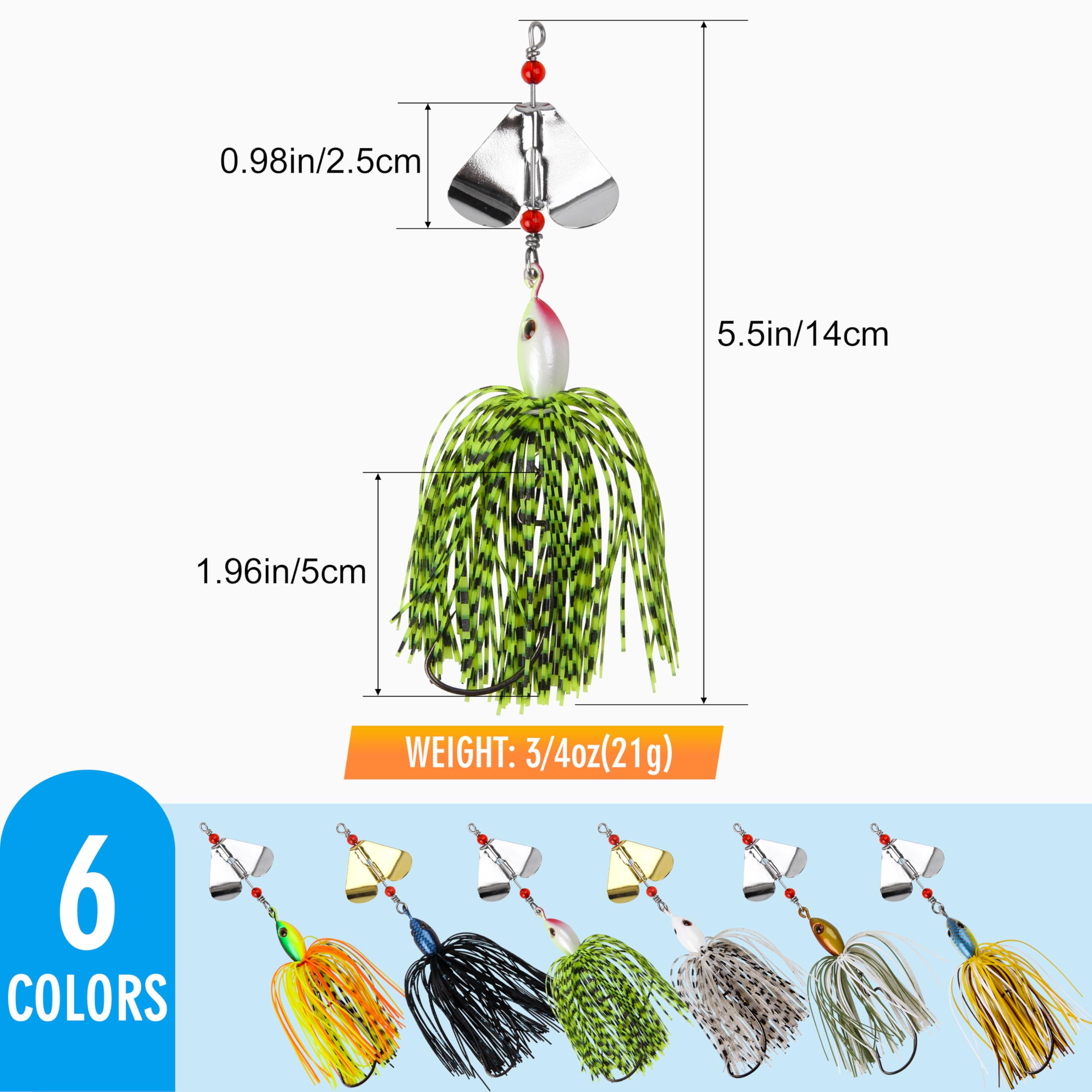Spinnerbait Fishing Lures Kit Set, 6pcs Bass Fishing Buzzbait Multicolor Bass Trout Salmon Metal Spinner Baits Swim Jigs Freshwater Saltwater Fishing