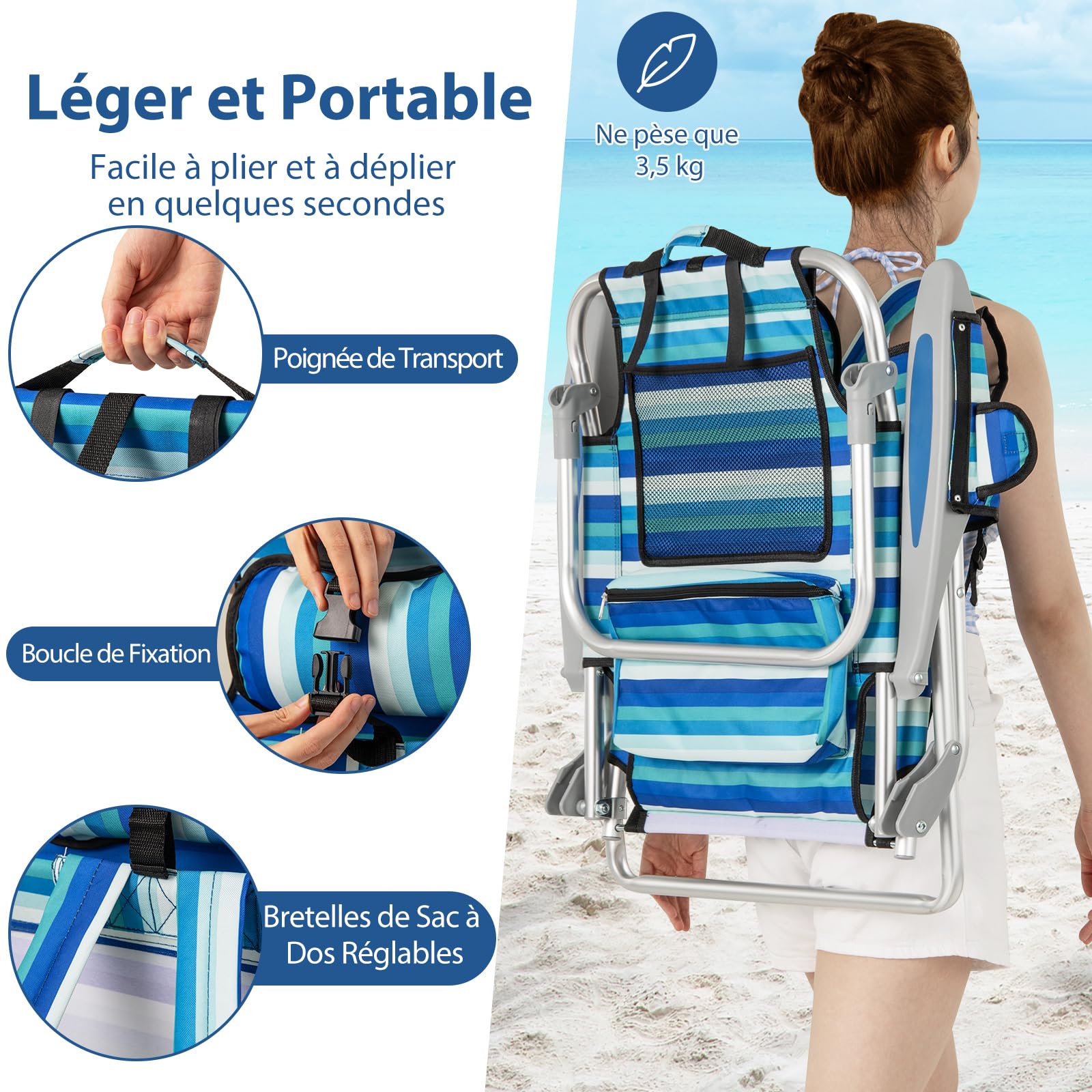 COSTWAY Chaise Longue Pliante, Chaise de Plage en 4 Positions, Appui-tête, Porte-Serviette, Sac Isotherme, Poches, Poignée de Transport, Fauteuil pour Jardin Camping Piscine, Charge 150 kg (2)