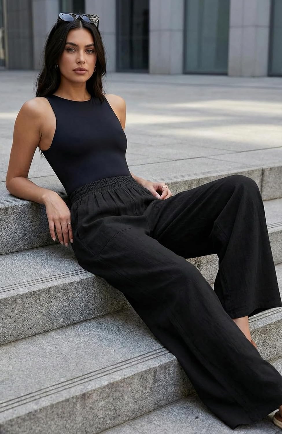 GRECERELLE Women Elastic High Waisted Wide Leg Pants Woman Casual Palazzo Trousers - Image 4