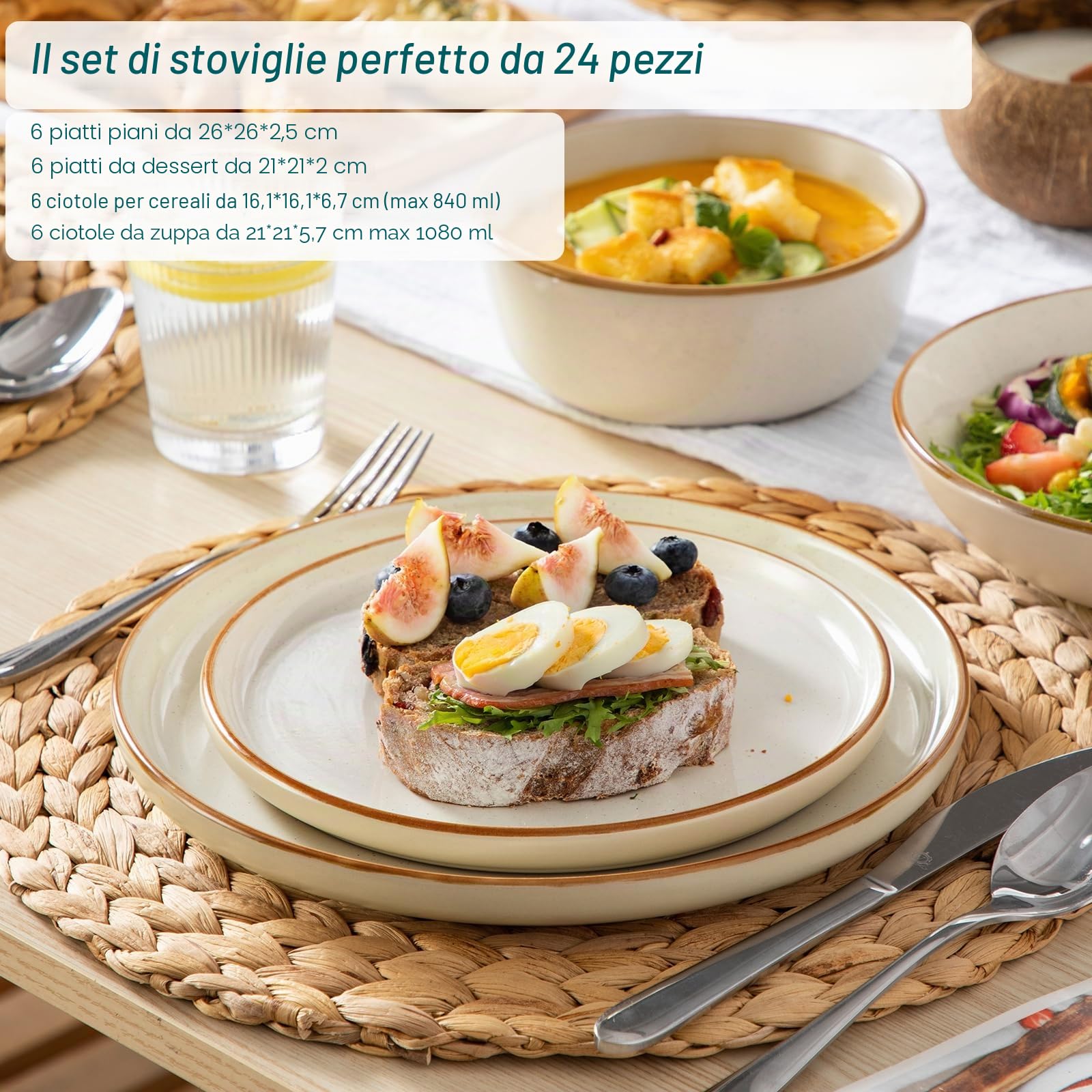vancasso RENO Servizio Piatti 6 Persone per 24 Pezzi, Set Piatti Moderni in Gres - 6 Piani, 6 Dessert, 6 Fondi e 6 Ciotole - Smalto Beige Opaco, Adatto Lavastoviglie e Microonde