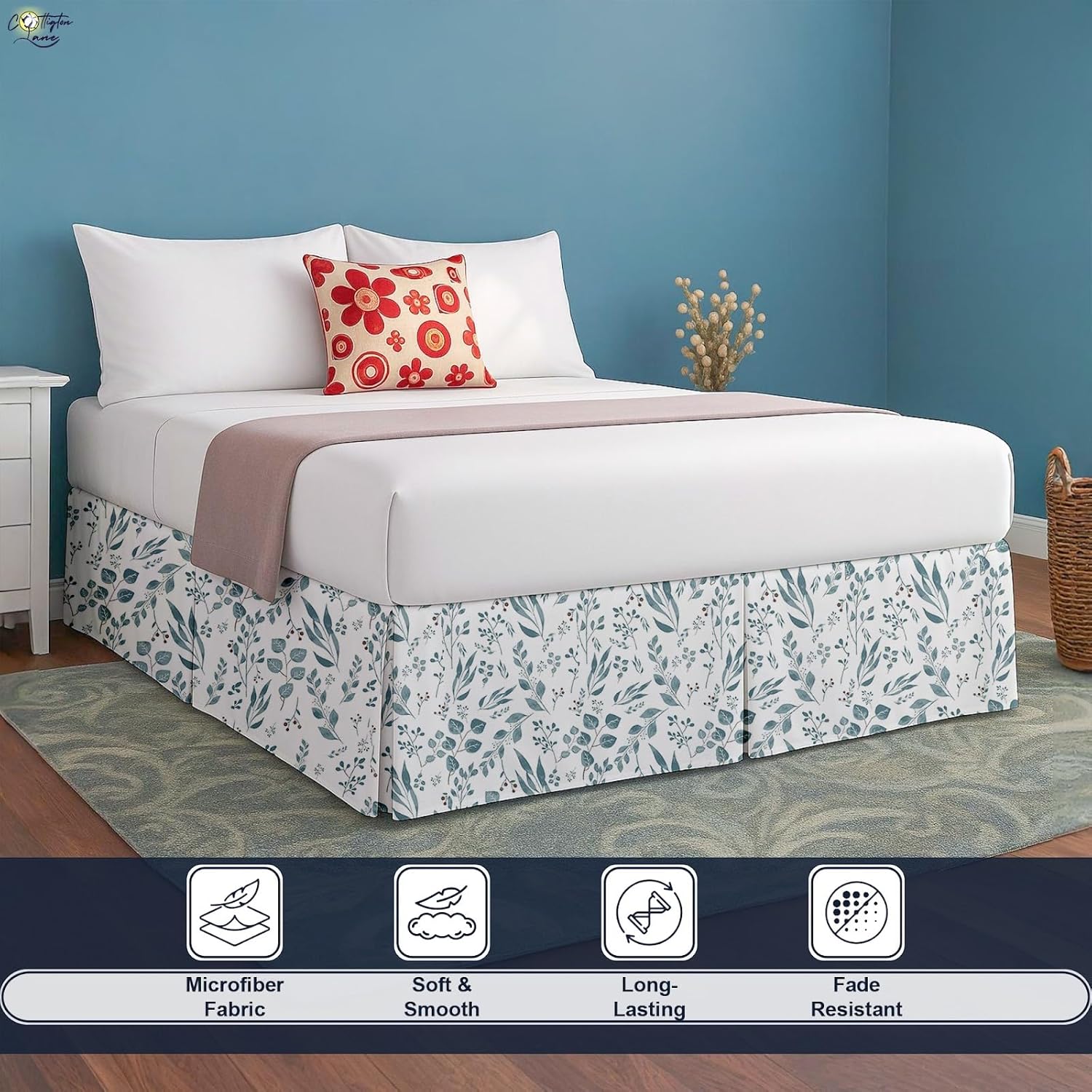 Cottington Lane Luxury Pleated Bed Skirt Queen Size 14 Inch Drop Split Corners, Hotel Luxury 1800 Ultra-Soft Tailored Drop Box Pleated Styling Dust Ruffle, Classic & Clean Look, Tranquil Green Petals