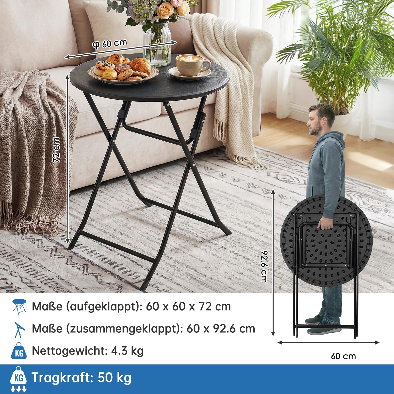 LIFERUN Gartentisch Rund Holz-Optik, Klapptisch, Beistelltisch HxD: 72x60 cm, Balkontisch mit 4PCS Tischbeine, Campingtisch Wetterfest, Pflegeleicht, Hohe Stabilität, für Balkon, Garten & Terrasse