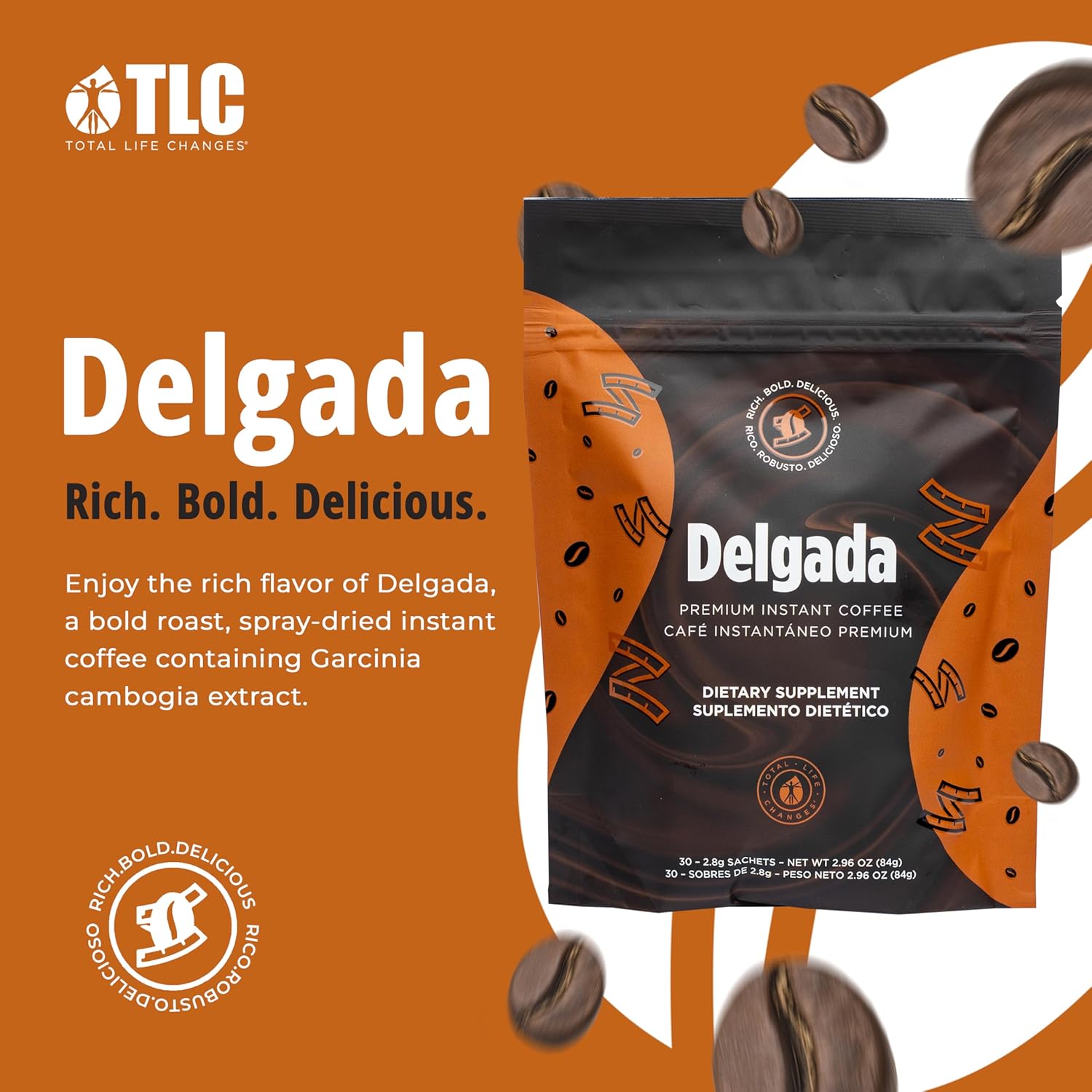 Delgada Instant Coffee - Premium Garcinia Cambogia and Ganoderma, Rich Bold Taste - 30 Sachets