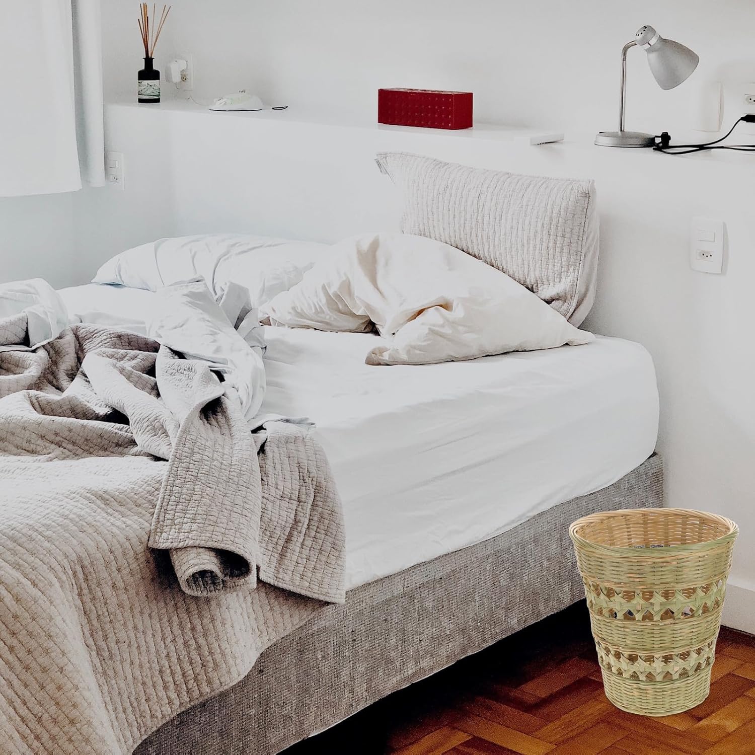 SOLUSTRE Woven Trash Can Handmade Natural Wicker Rubbish Basket Rustic Wastebasket for Home Office Bathroom Storage and Organization
