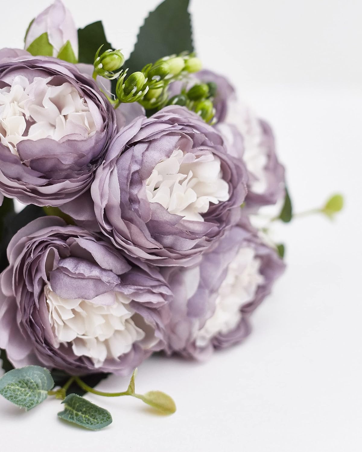 Silk Peony and Tea Rose Artificial Bouquet 9 Heads Realistic Fake Plant for DIY Craft Cake Living Room Home Wedding Decoration (Light Purple)