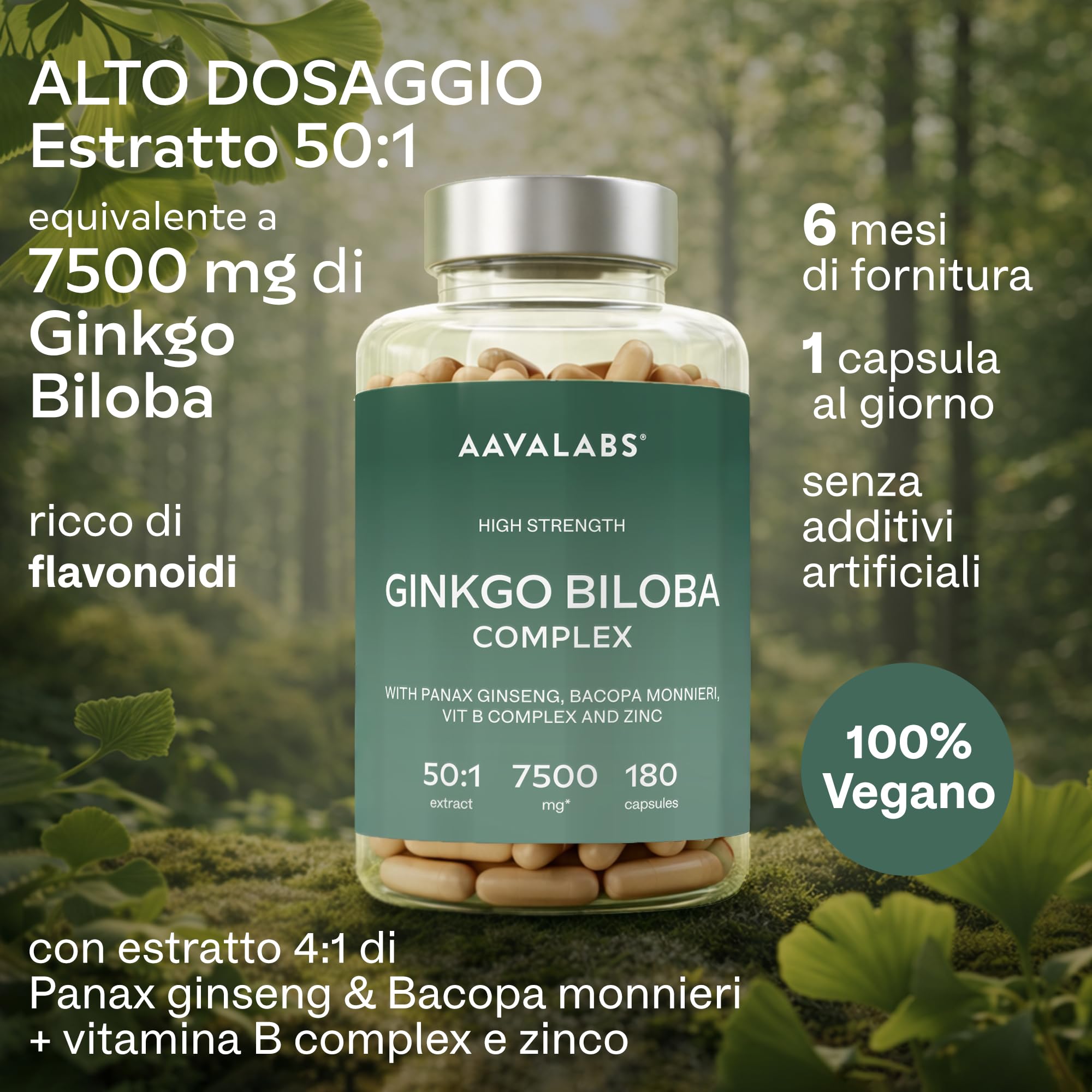 Ginkgo Biloba Integratore 7500mg 50:1 con Ginseng Rosso Coreano, Bacopa Monnieri, Vitamina B Complex, Zinco - Nootropico Integratore Memoria e Concentrazione, Metabolismo, Circolazione - 180 capsule