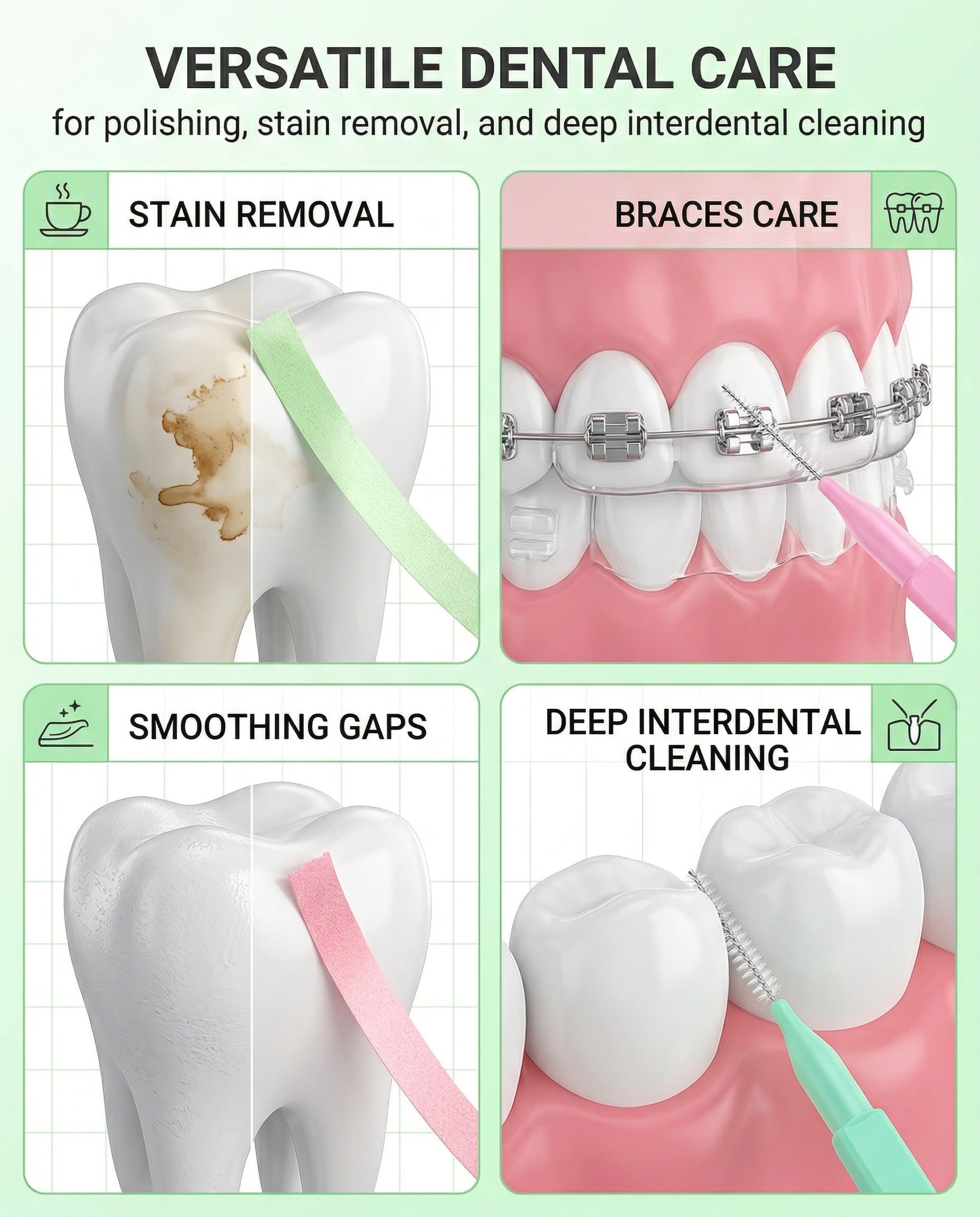2 Rotoli di Carta Abrasiva Dentale (30μm / 50μm) e 10 Spazzolini Interdentali, Strisce Lucidanti per Denti, per Spazi Interdentali, Pulizia Profonda dell'Igiene Orale, Grossolana-Fine/Resina