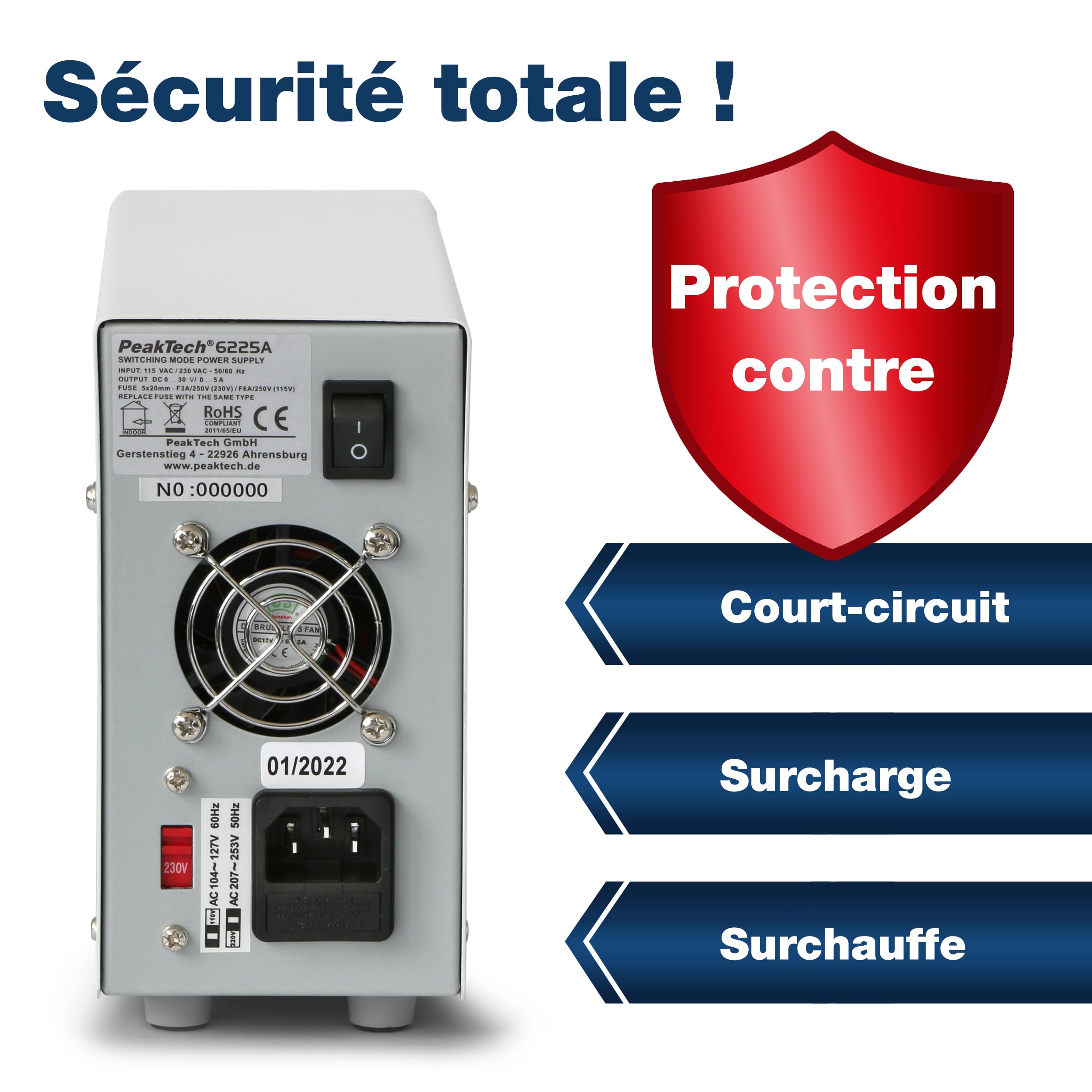 PeakTech 6225 A - Alimentation de Laboratoire DC 0-30V / 0-5A, Réglable, Affichage LED à 4 chiffres, Alimentation Stabilisée à Découpage, Protection contre les Surcharges et les Courts-circuits