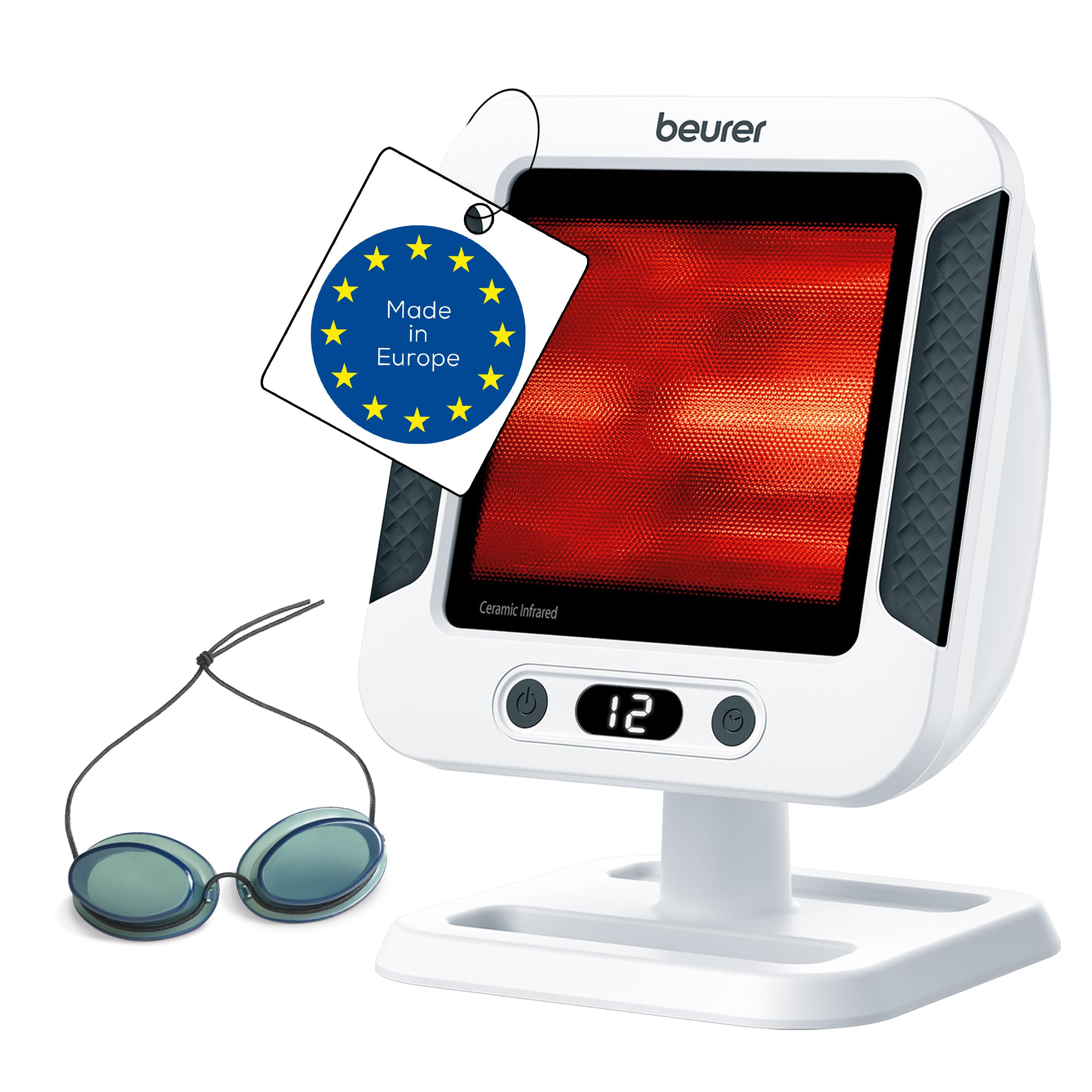 Beurer IL60 Infrared Heat Lamp, Soothing Heat for Colds and Muscle Tension, Infrared Light Therapy with 300 Watts and Timer, Glass Ceramic Panel with UV Blocker, Medical Device