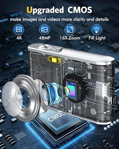 Miniatura 3 de Cámara digital, enfoque automático FHD 4K, cámara de vlogging con doble cámara de 48 MP 16X zoom digital para niños, cámara compacta con tarjeta de