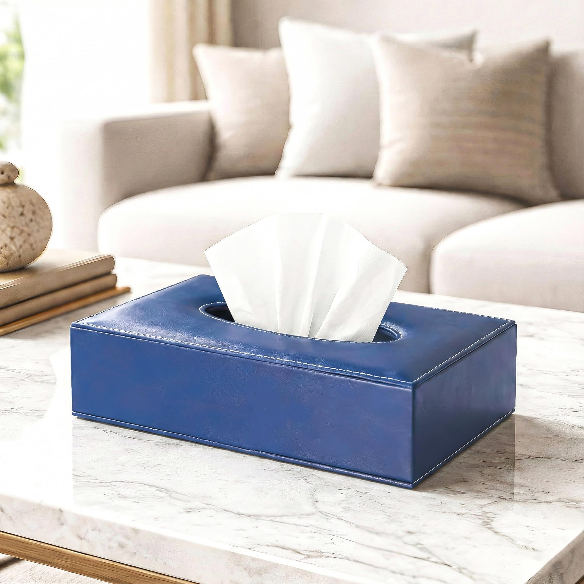 Rectangular Leather Tissue Box Holder for Dining Table | Water Resistant Face Wipes/Tissue Dispencer for Office Desks | Only Box | Blue