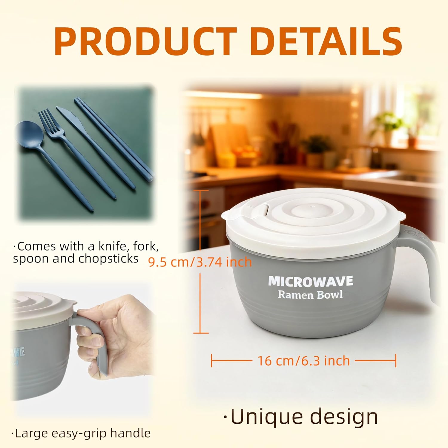 Layron Ramen Cooker Bowl - 45 oz Microwaveable Noodle Bowl Ramen in few Minutes- BPA Free and Dishwasher Safe Set with Chopsticks Perfect for Dorm, Small Kitchen, or Officee (grey) image 5