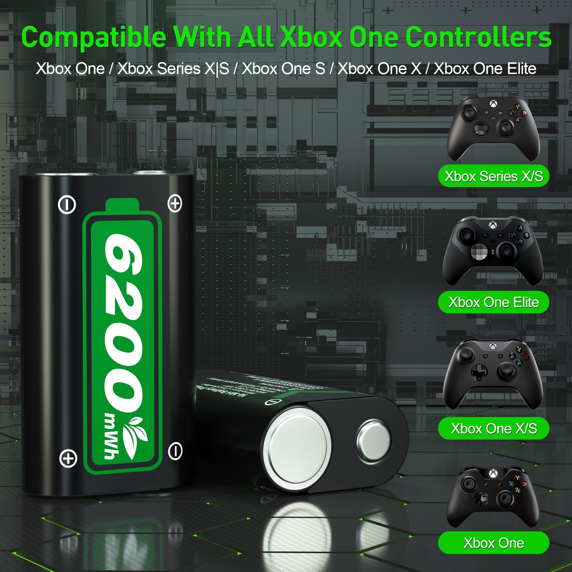 Batteria Ricaricabile per Xbox One X/S,2x6200mWh Batteria Ricaricabile con indicazione LED, Compatibile con Xbox Series X/S, Xbox One S/X/Elite