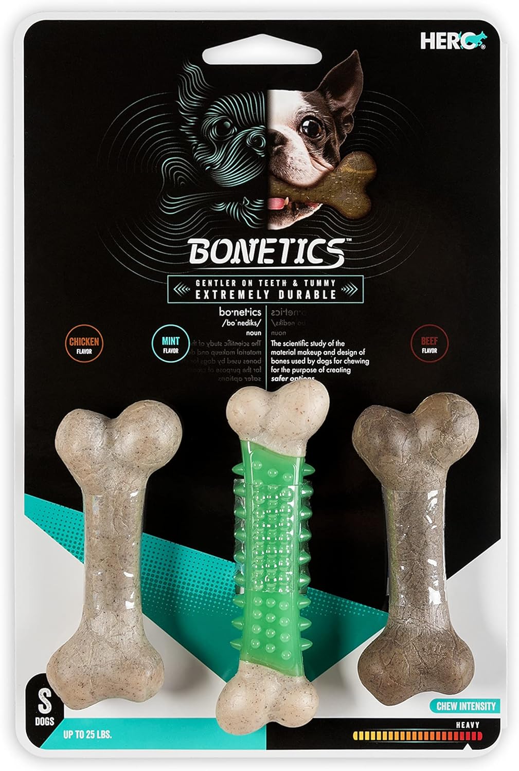 Hero Bonetics Femur & Dental Bones - Dog and Puppy Bones for Aggresive Chewers - Designed for Small Dogs Up to 25 lbs - Chicken, Mint and Beef Flavored (Pack of 3)