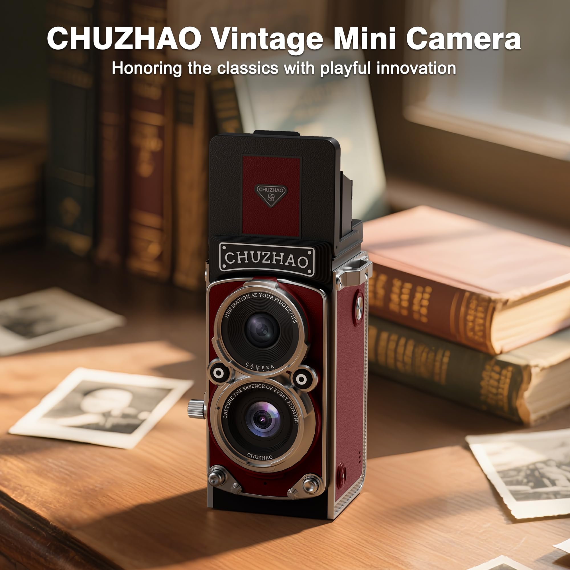 CHUZHAO - Mini cámara digital vintage, estilo TLR portátil, apunta y dispara, compacta, bolsillo pequeño, 1080P, FHD, video de 12 MP, cámara de vlogging con enfoque automático con tarjeta de 16 GB