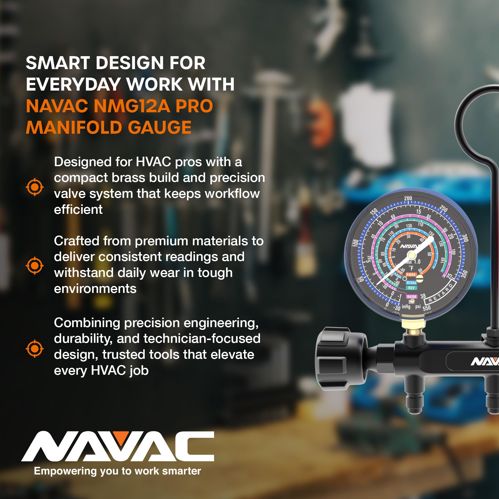 NAVAC NMG12A Pro Manifold Gauge - Brass Body with Needle Valve