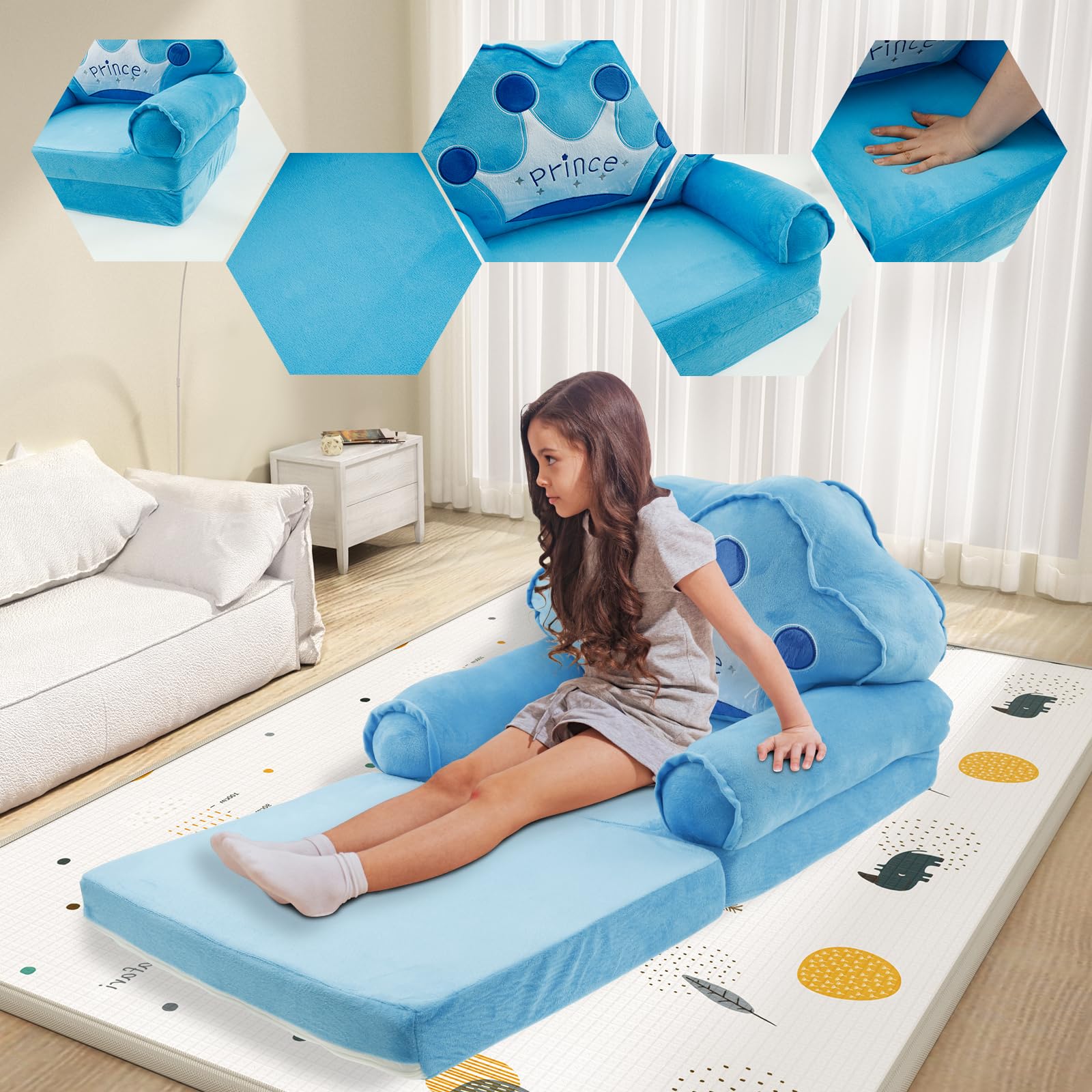 Canapé pour Enfants, Chaise pour Petits Enfants 2-en-1 avec Poignée, 80×50 cm, Fauteuil de Salon Pliable pour Bébé, Canapé de Jeu Transformable en Chaise Longue pour Filles et Garçons de 1 à 4 Ans