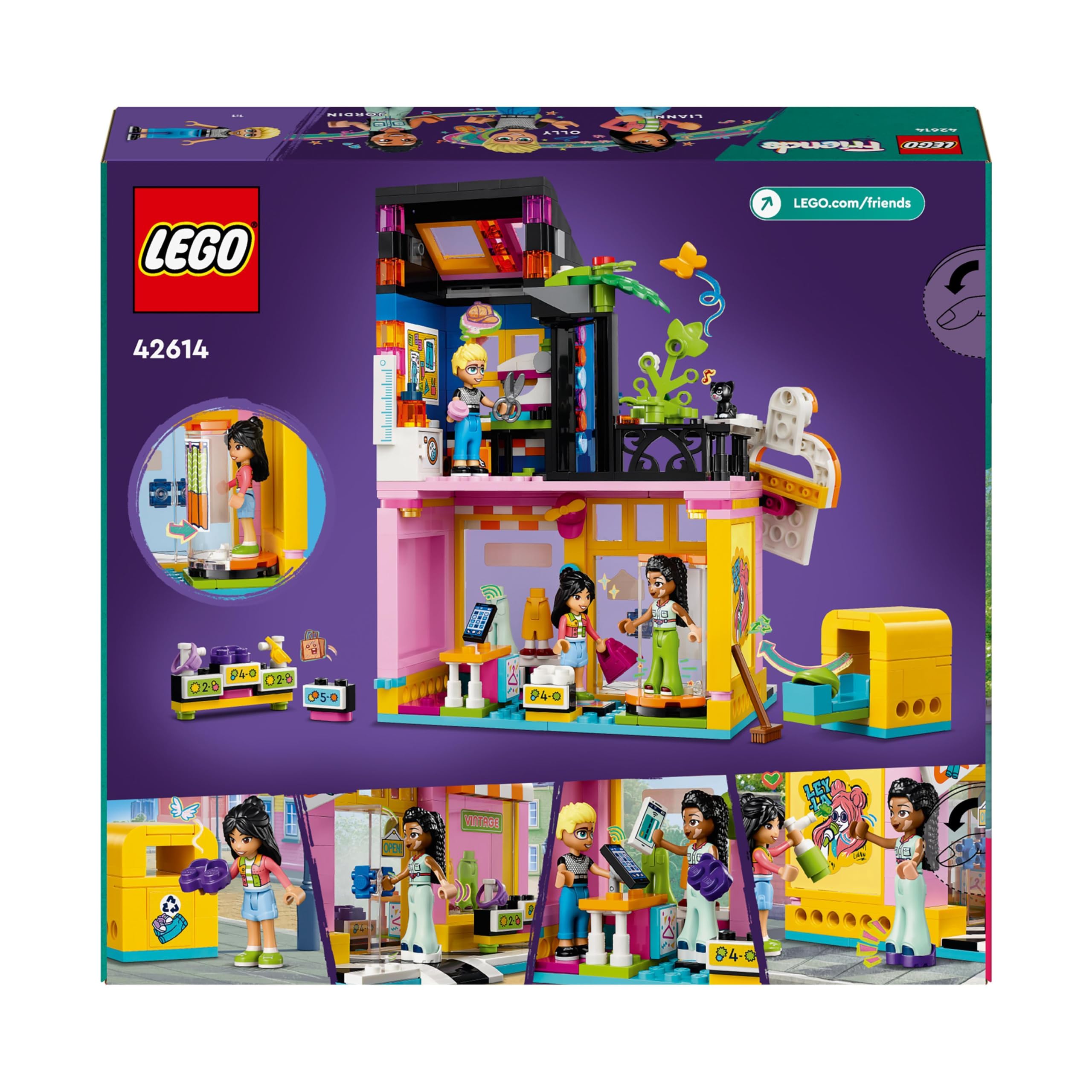 LEGO Friends Sklep z używaną odzieżą, Zabawkowy Sklep do Zbudowania z Ubraniami dla Dziewczynki i Chłopca, z Minilaleczkami i Figurką Kota, Kreatywna Zabawka dla Dziecka, Prezent dla 6-latki, 42614