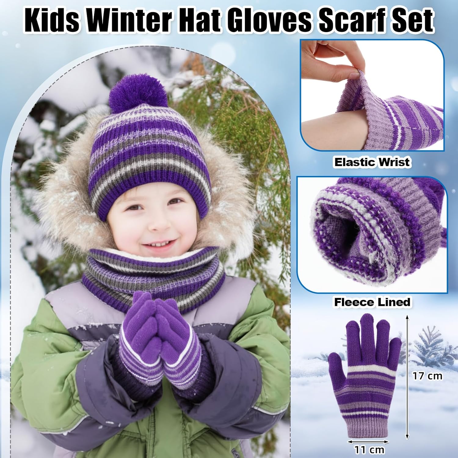 18 Pcs Kids Hat Scarf Gloves Winter Set Fleece Lined Pom Pom Beanie Neck Warmer Knit Gloves Gifts for Boys Girls - Image 4