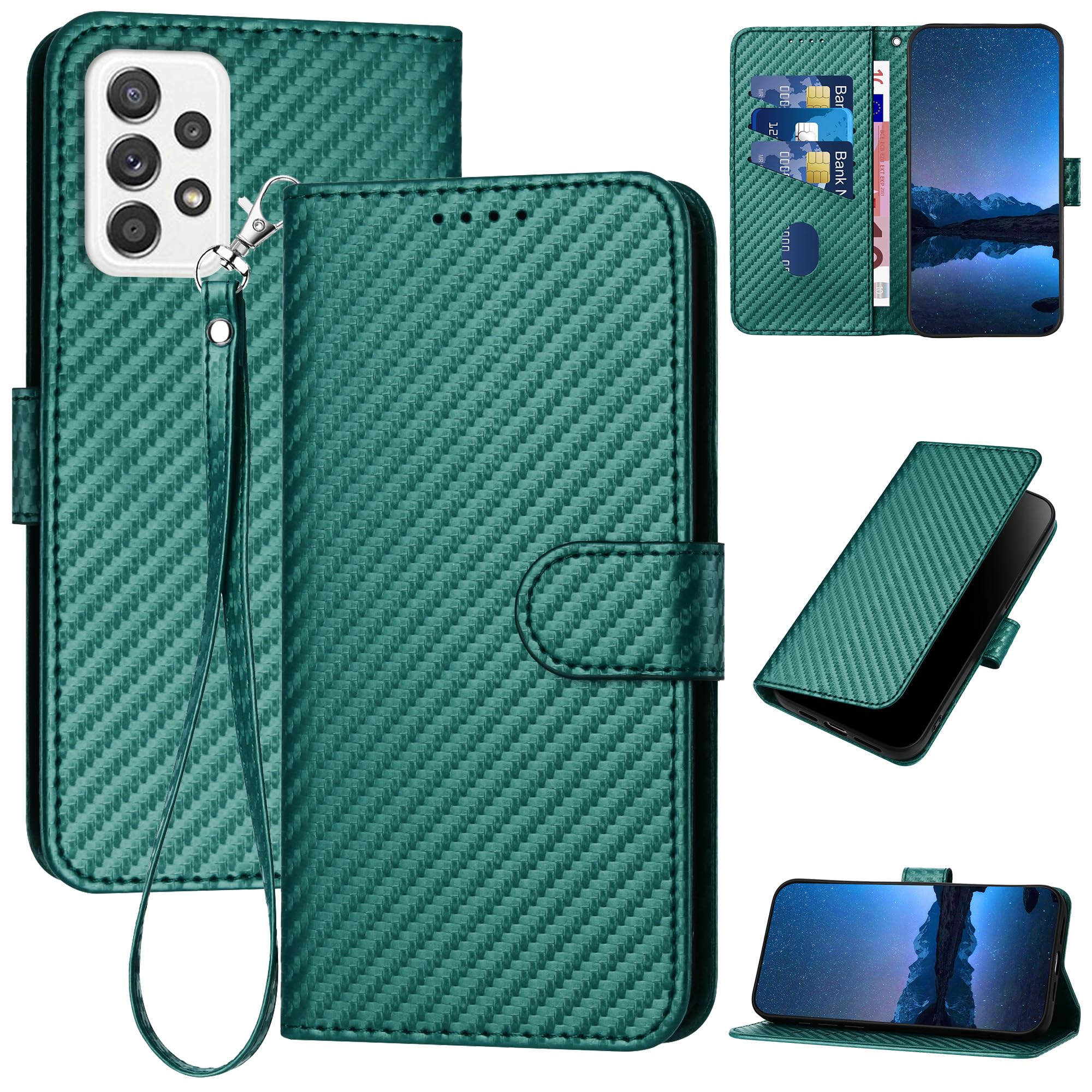 Gedurya Galaxy A53 5G ケース 手帳型 ギャラクシーa53 5g スマホケース 炭素繊維ブレイドスタイル 肌触り良い SC-53C ケース SCG15 携帯カバー マグネット開閉式 スタンド機能 軽量 薄型 Galaxy A53 ケース 手帳型 指紋防止 人気 上質 SC53C 携帯ケース 全面保護 財布型 便利 - グリーン
