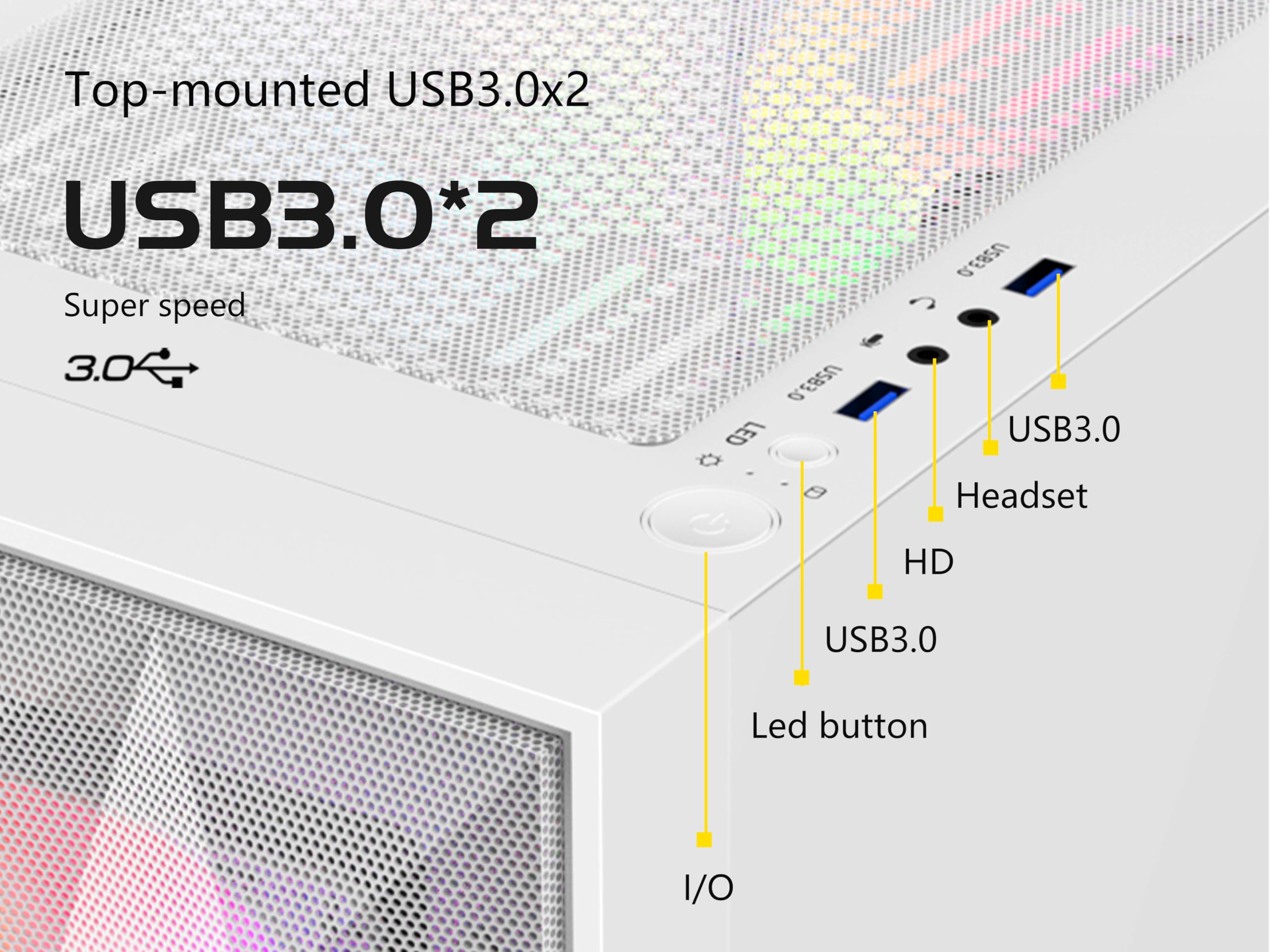 SAMA 3509 ATX Mid Tower Caja de computadora de malla de acero frontal de vidrio templado con puerta abierta 4 ventiladores ARGB preinstalados USB3.0X2 360mm AIO Soporte en la parte delantera Blanco