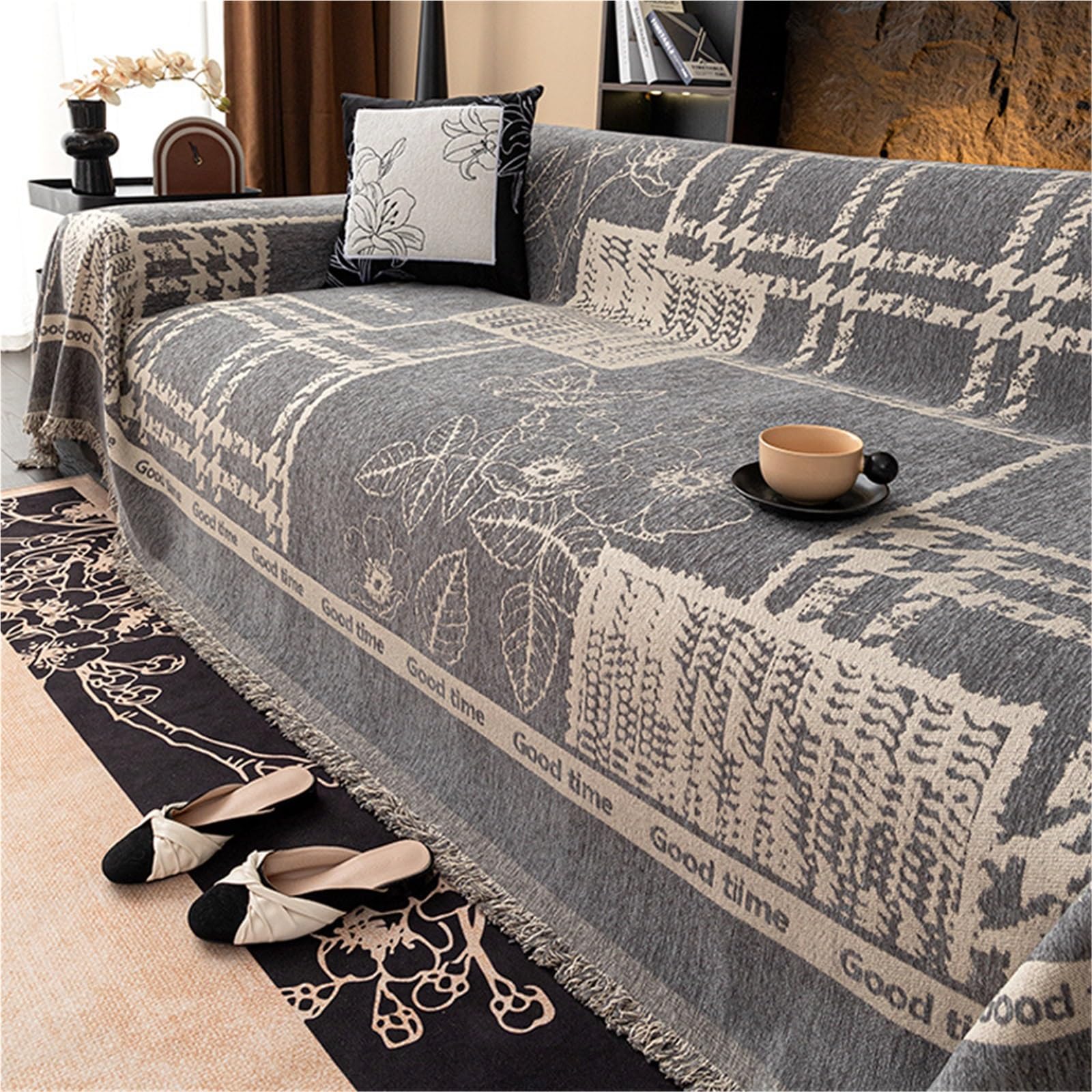 Copridivano geometrico per soggiorno, grigio 180 x 420 cm, elegante copridivano per un facile rinnovamento della casa