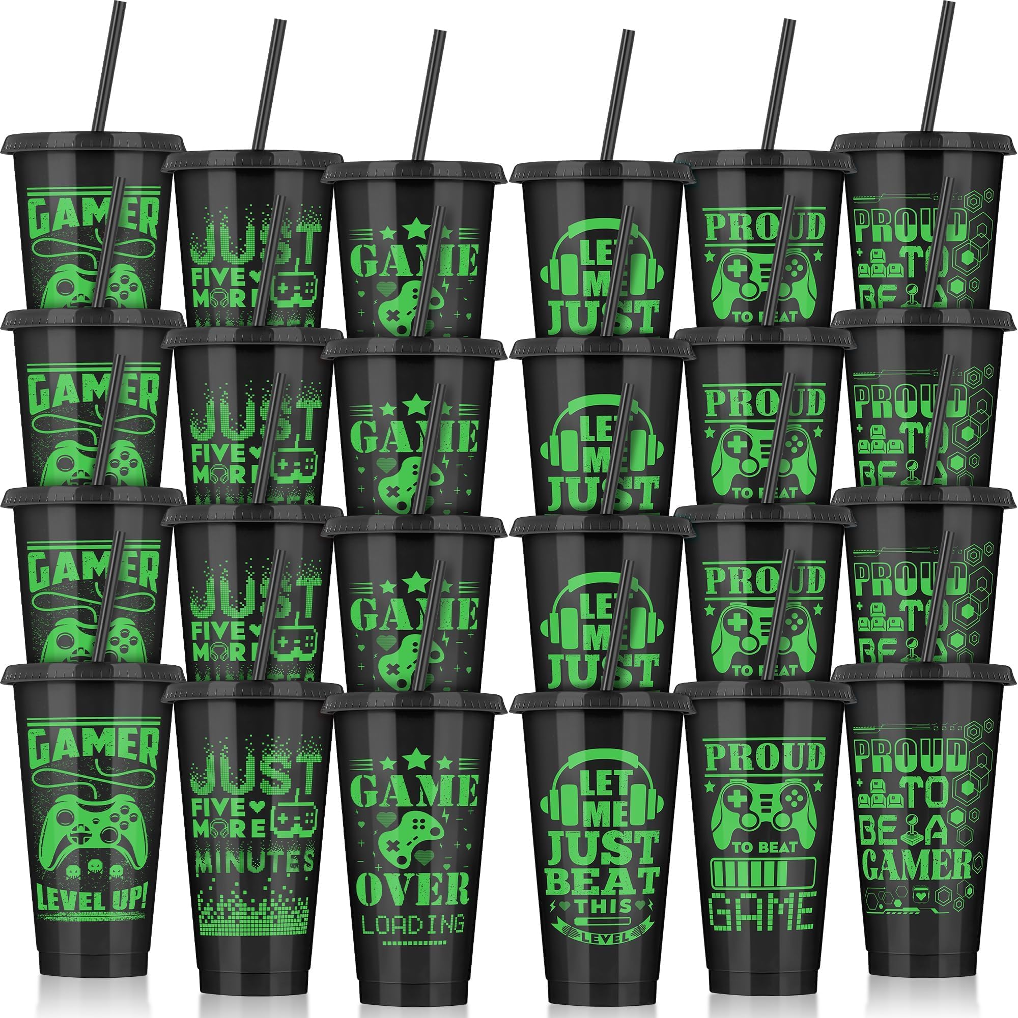 Kochorie 24 Pieces Video Game Plastic Cups 24 Ounces Gaming Party Cups with Lids and Straws Black Green Video Game Tumbler Cups for Birthday Party