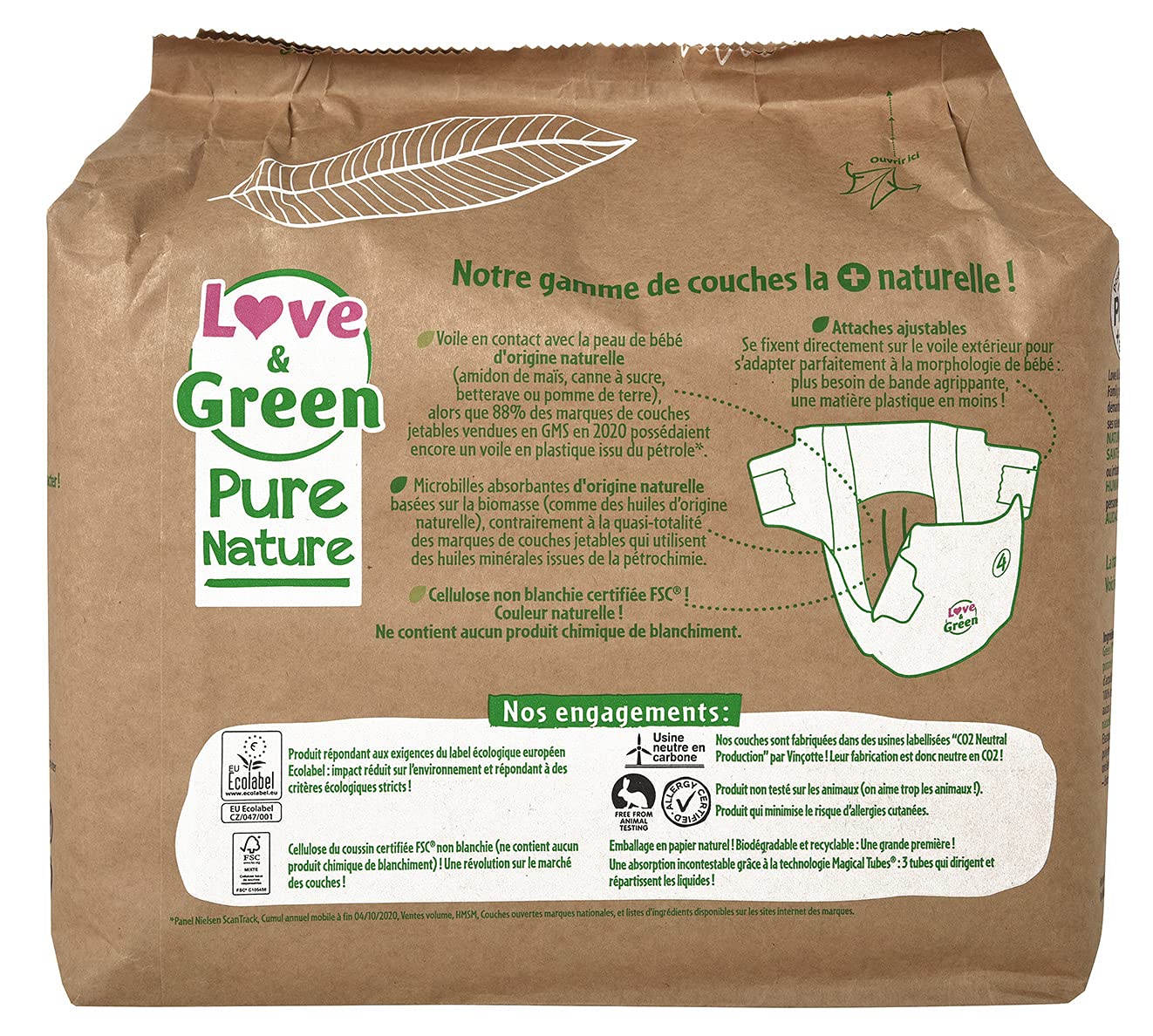 Love & Green Pure Nature Pakiet 6 (po 32 = 192) Niebielonych, przyjaznych dla środowiska pieluch T1 x 32 (2-5 kg)