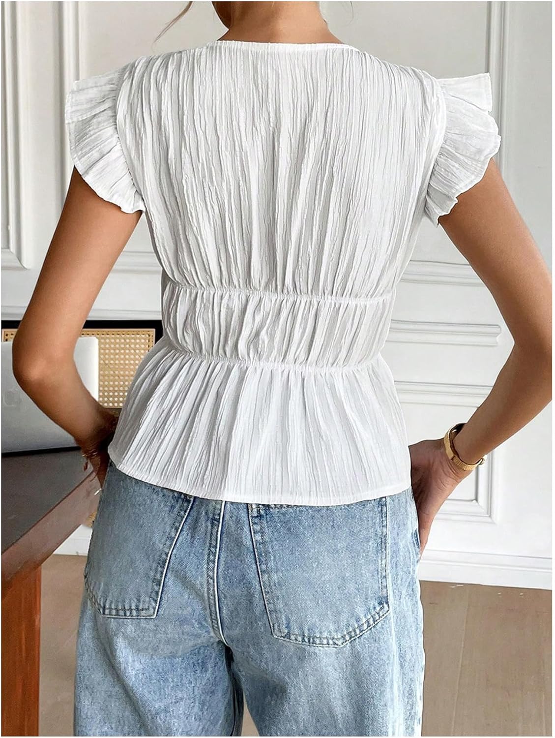 Verdusa Women's Bow Textured Ruffle Peplum Top Coquette Deep V Neck Cap Sleeve Dressy Blouse - Image 2