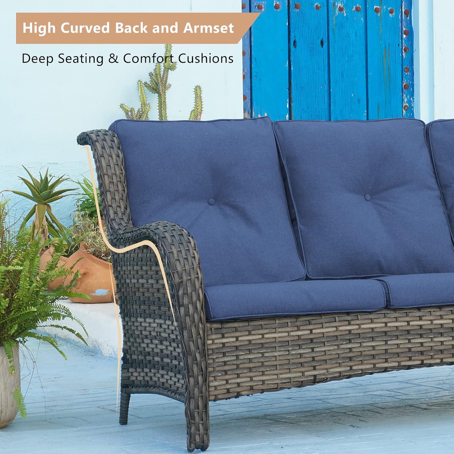 HUMMUH 3-Seat Outdoor Wicker Sofa PE Rattan Patio Couch with Cushions,Deep Seat High Curved Back Armset Patio Sofa