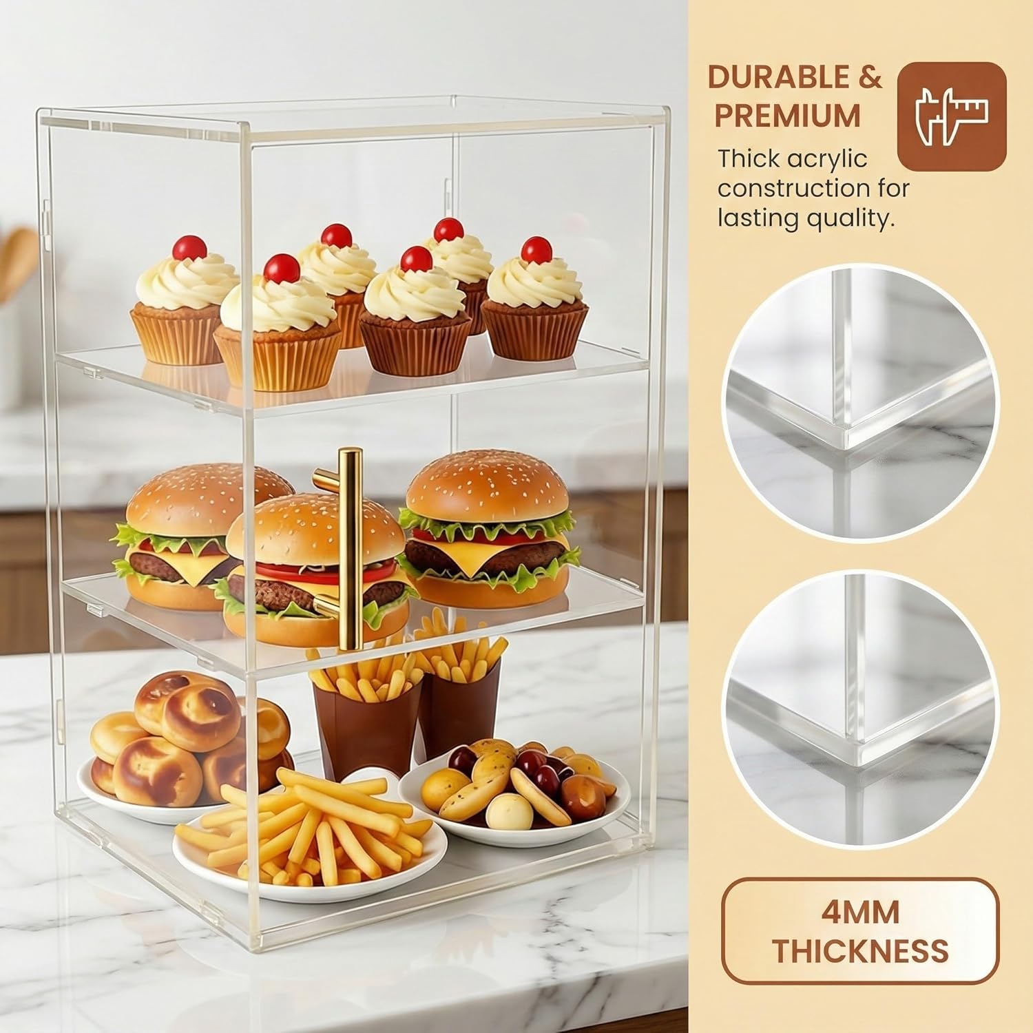 Clear Acrylic 3-Tier Pastry Display Case, Countertop Bakery Storage Display Case 11.8" x 9.7" x 15.8" for Bread, Cakes, Cookies, Home & Commercial Use