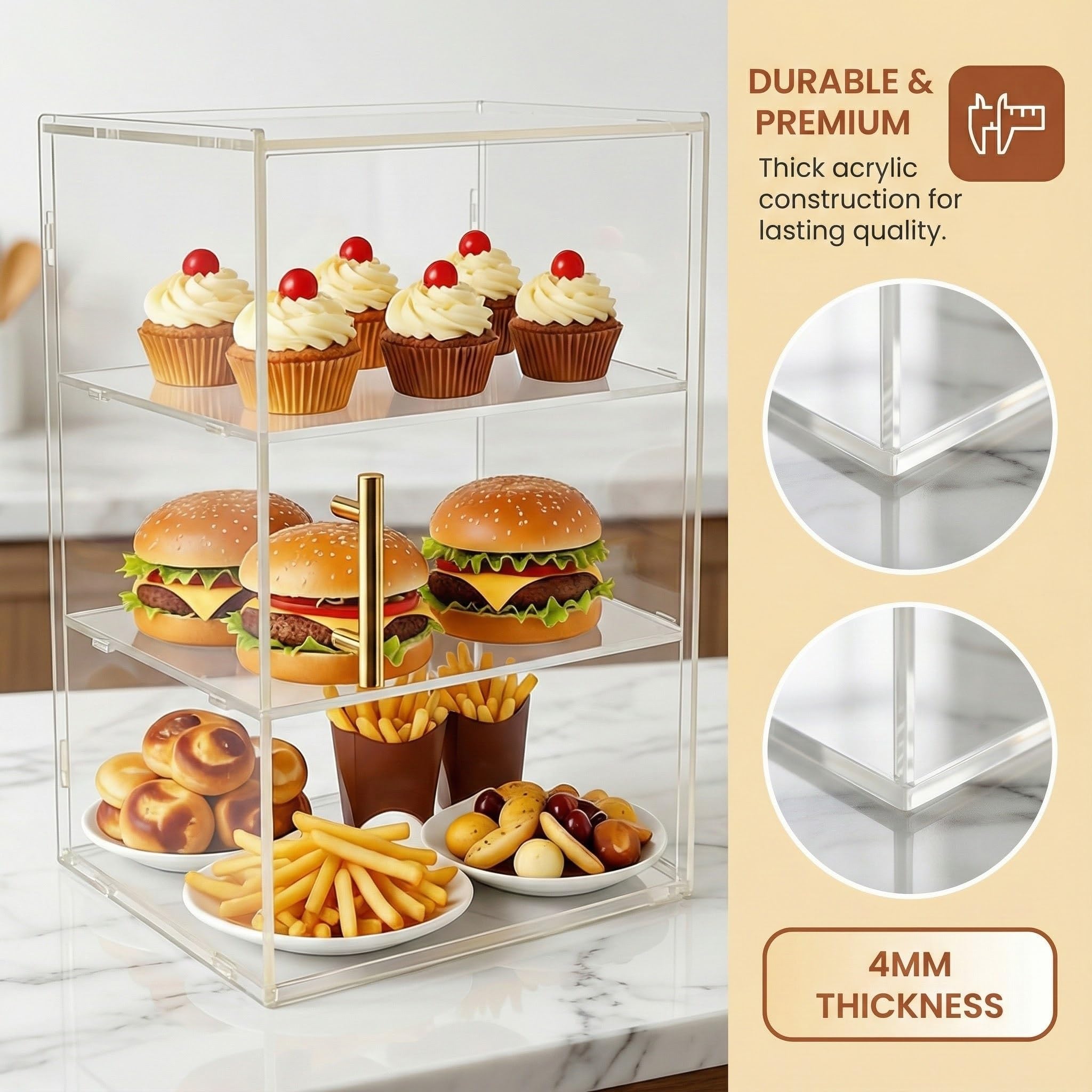 Vitrina para Panadería, Panera y Mostrador para Pastelería de Encimera de Cocina, Acrílico de 3 Niveles para Donas, además Organizador para Condimentos y Artículos de Tocador