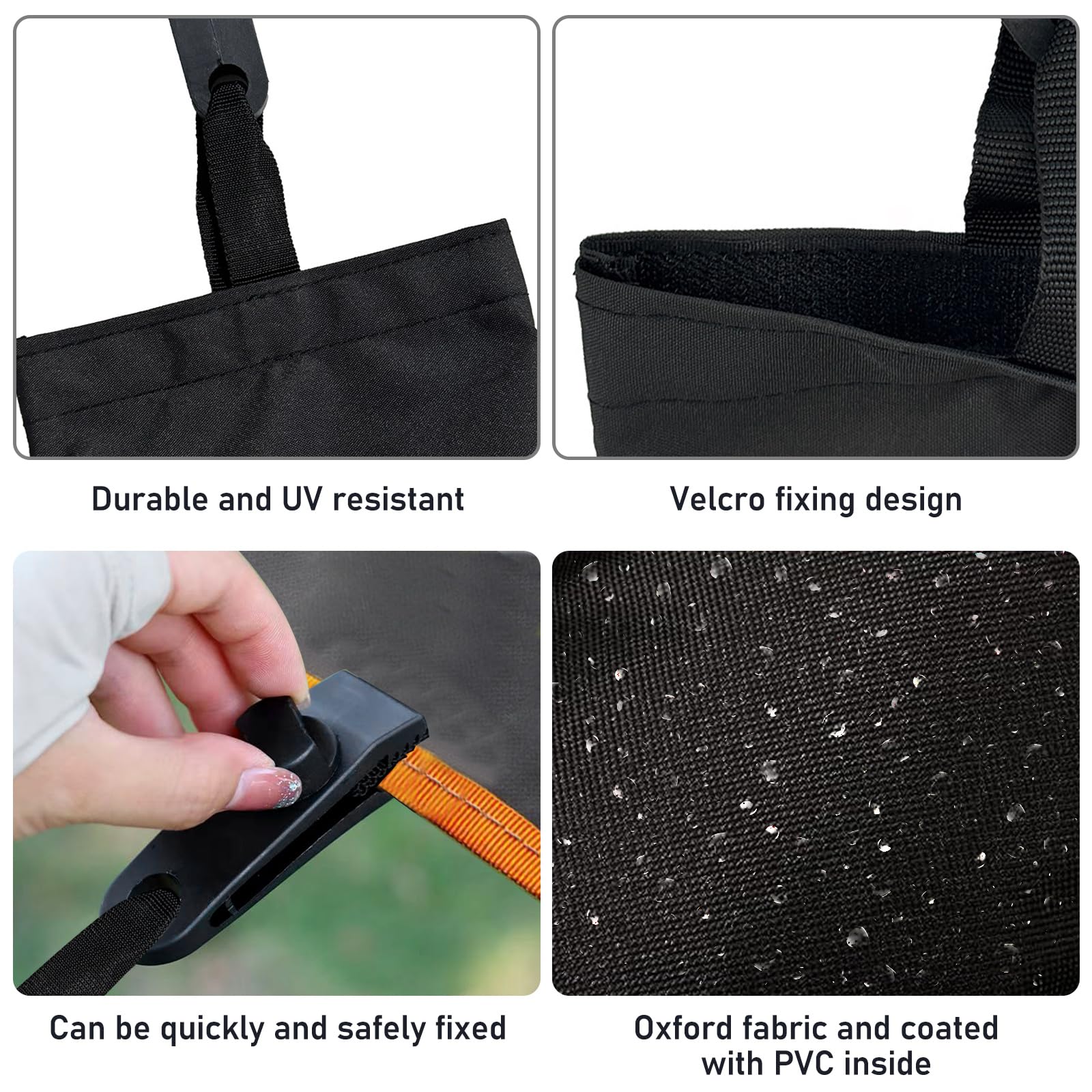 PORFOYO Lot de 8 sacs de sable à remplir pour tonnelle, sacs de sable, petits poids de tonnelle, avec clips de fixation, ensemble de sacs à eau pour protection contre le vent, lestage