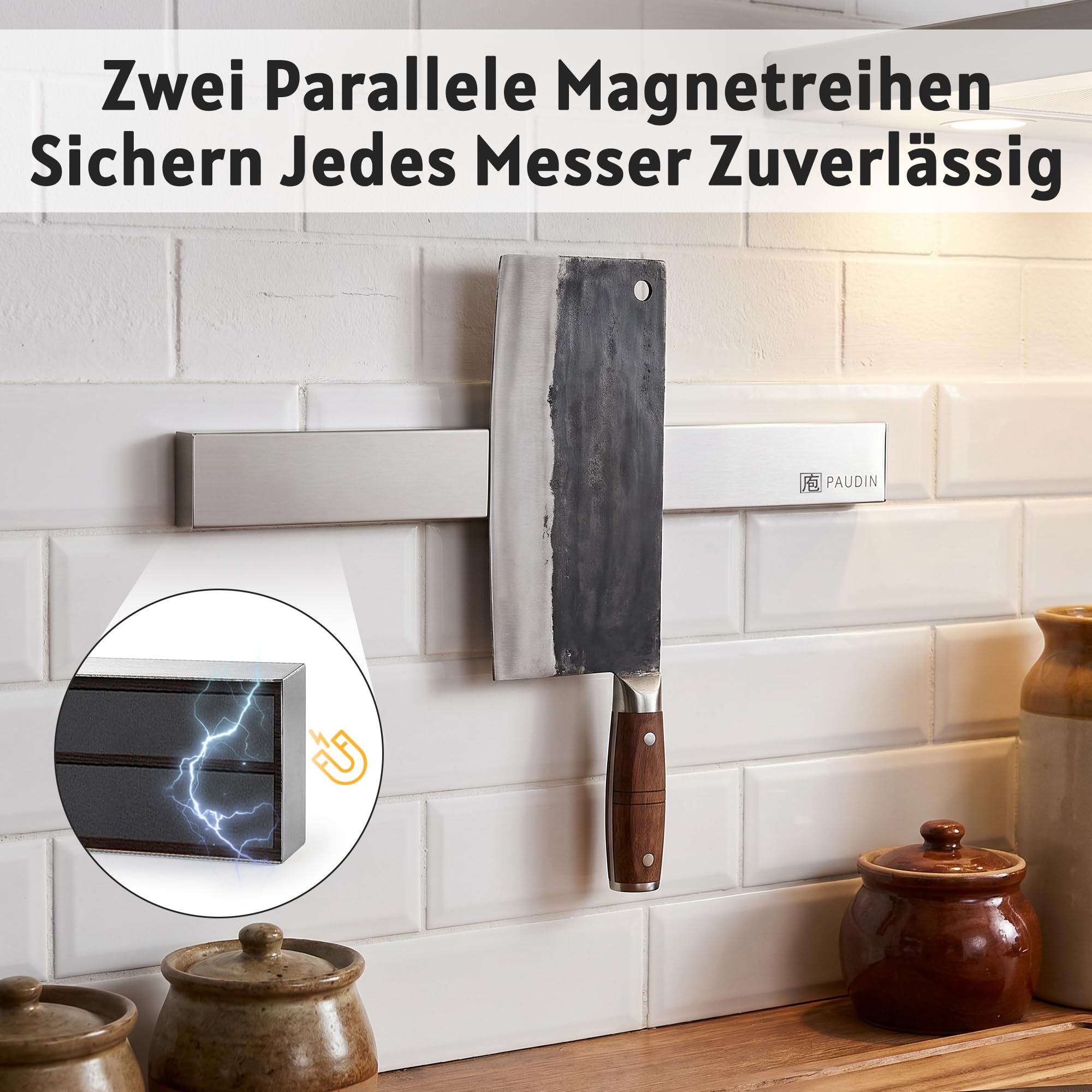 PAUDIN Magnetleiste Messer 45 cm Messerleiste magnetische Küchenmesserleiste aus Edelstahl mit extra starkem Magnet als Messerhalter für Wand Selbstklebend für Küchenutensilien oder Werkzeugen