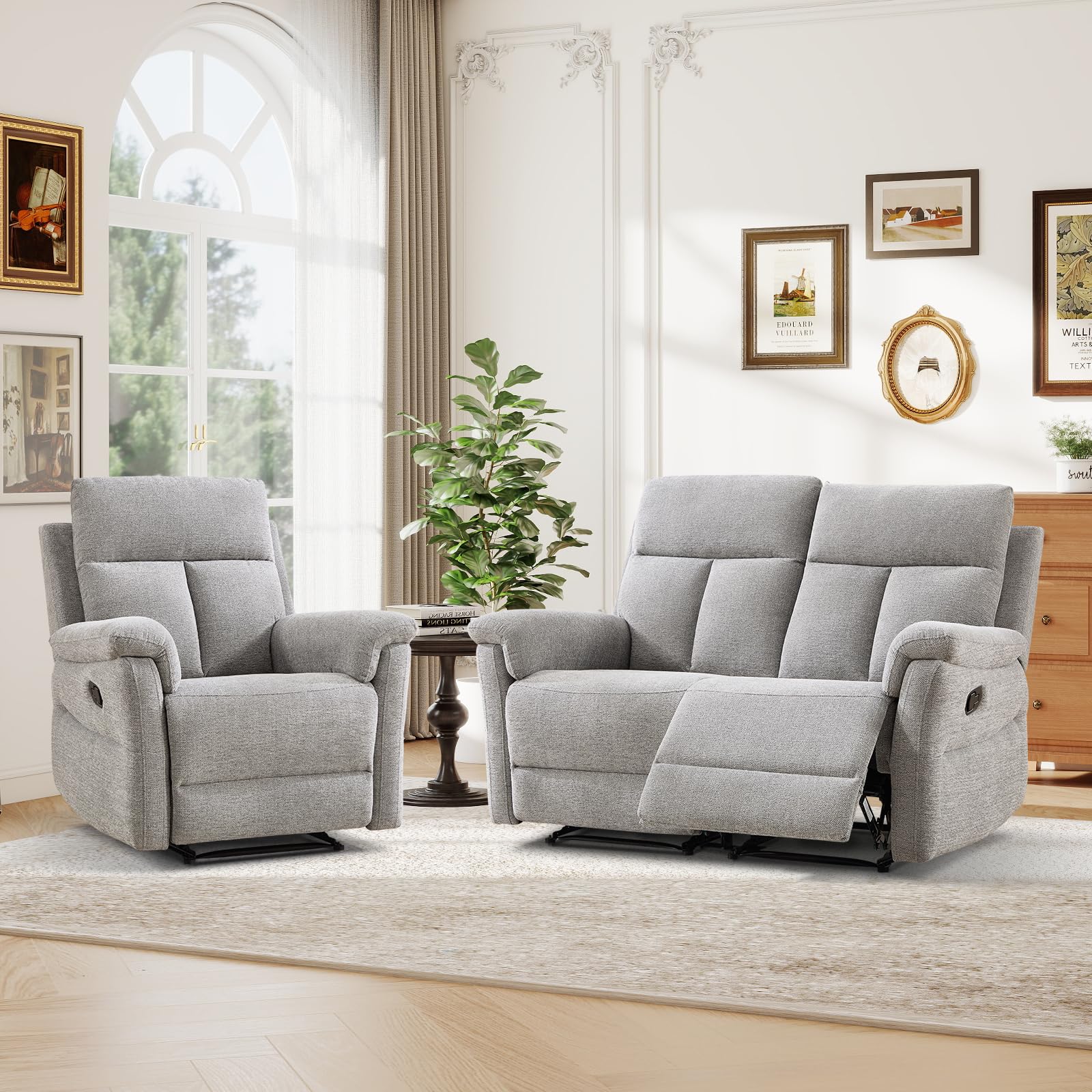 ANJ 2-Piece Manual Recliner Sofa Set, Recliner Chair and Loveseat with Padded Armrests and Supportive Backrest, Fabric Reclining Couch Set for Living Room, Light Grey