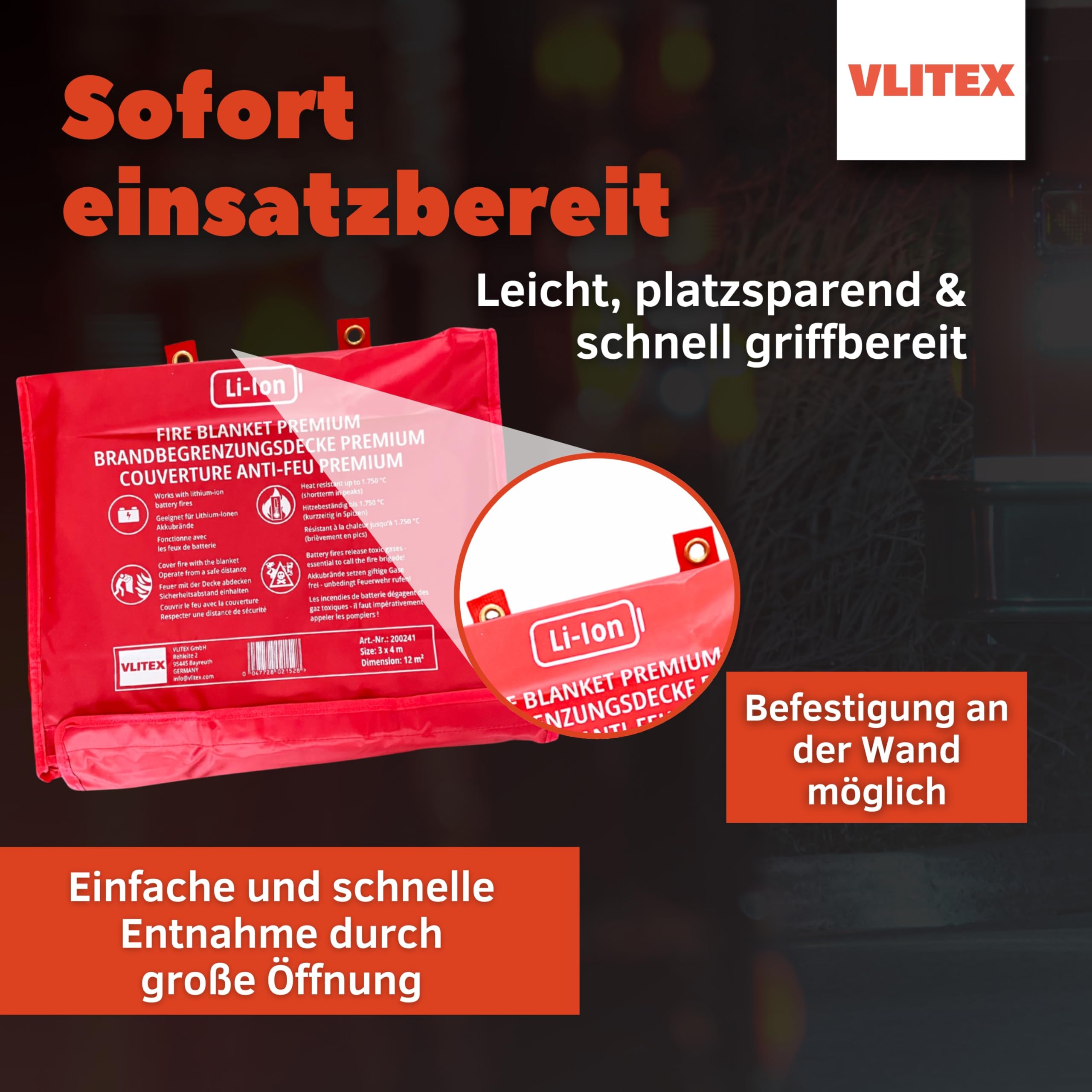 VLITEX techo de contención de incendios 3 x 4 m | manta ignífuga | para caja de rejilla barredora de e-bike e-scooter, etc. | Manta ignífuga | Manta de protección contra incendios | Para la prevención