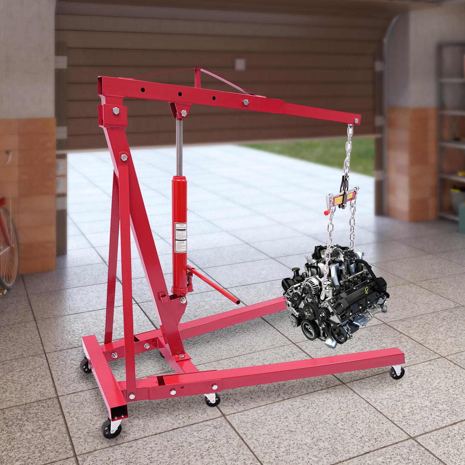 2 Ton 4400lbs Hydraulic Crane with Engine Leveler, Folding Hydraulic Crane with 6 Iron Caster Wheels, for Car Fixing Garage Workshop