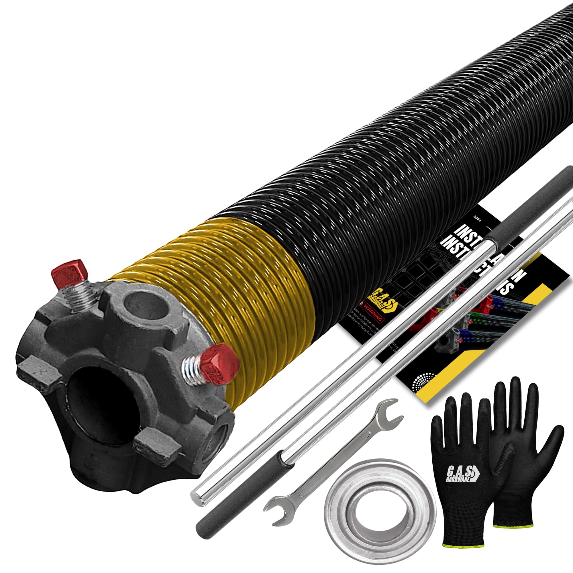 G.A.S Hardware Garage Door Torsion Spring Replacement 2" Black 250x2x30 with Winding Bars, 1" Steel Bearing, Gloves & Wrench Precision E-Coating Heavy
