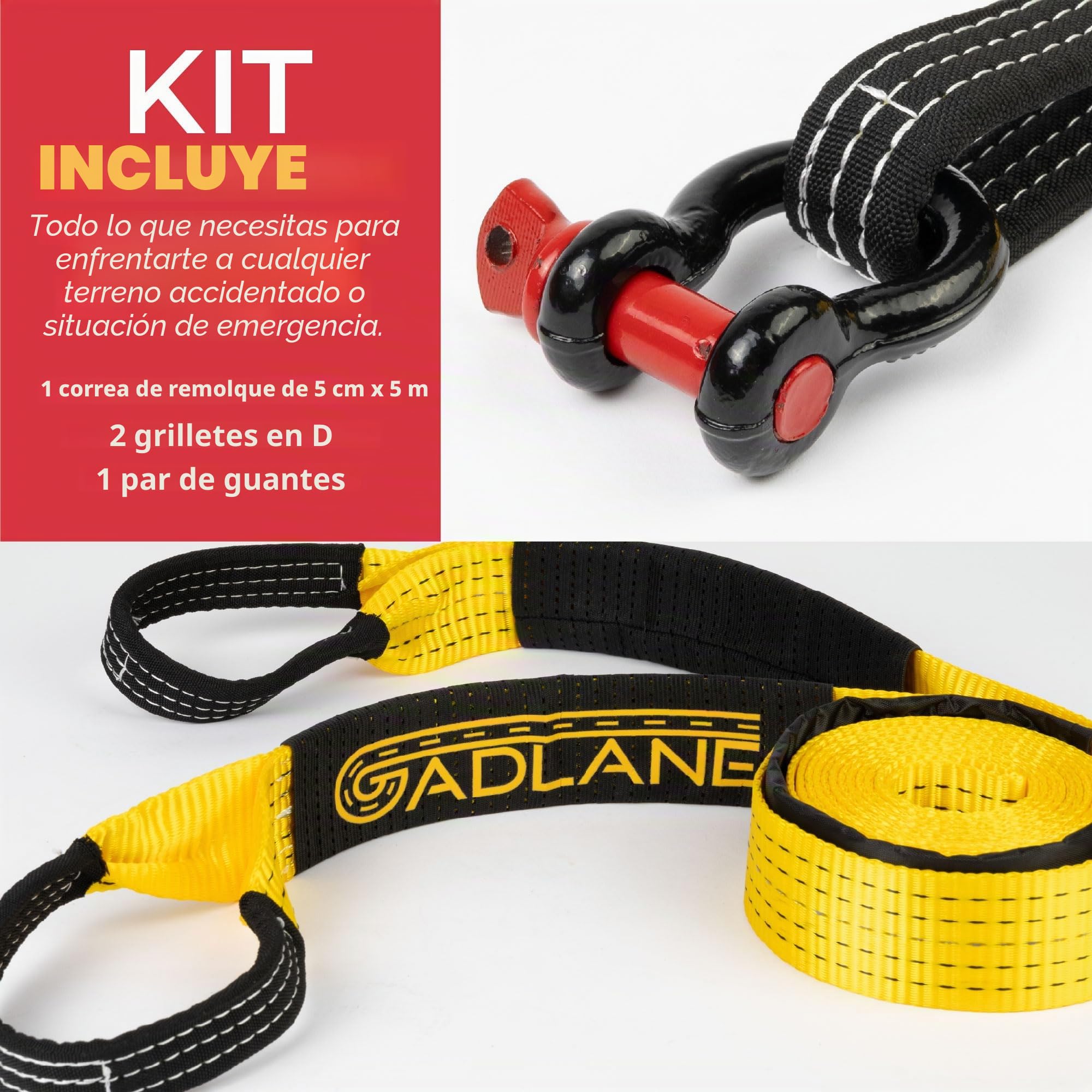 GADLANE Cuerda de remolque de alta visibilidad, 5 m, capacidad 10 toneladas, con bolsa y guantes, color: amarillo