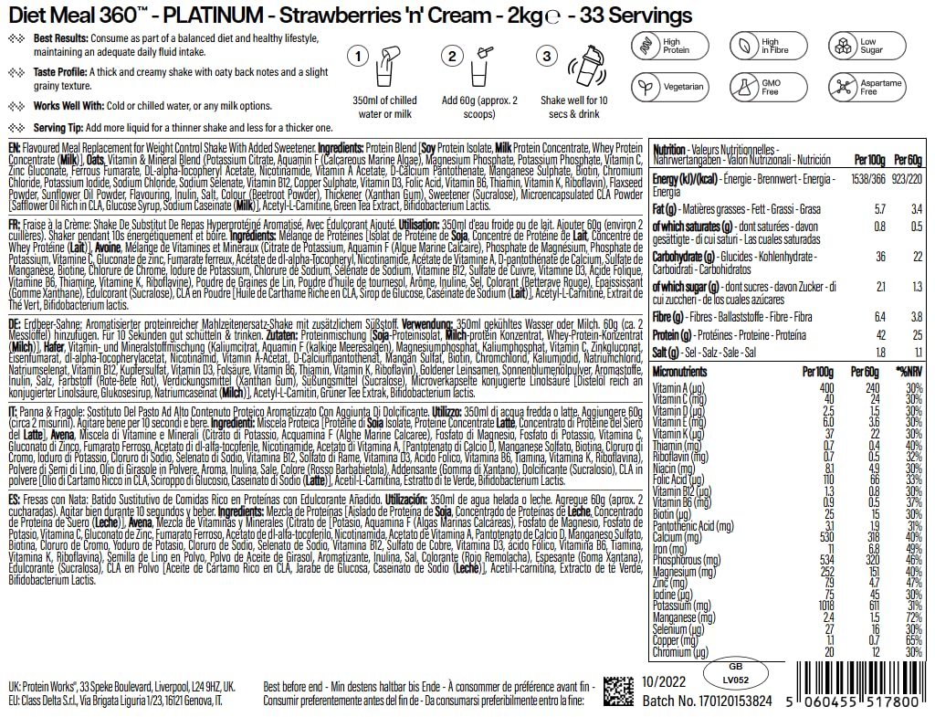 Protein Works | Diet Meal 360 - Platinum, Fraise à la Crème, 33 Repas, 2kg | Shake Substitut de Repas Diététique Avancé, Soutien Perte de Poids, Nutritionnellement Complet, 26 Vitamines & Minéraux