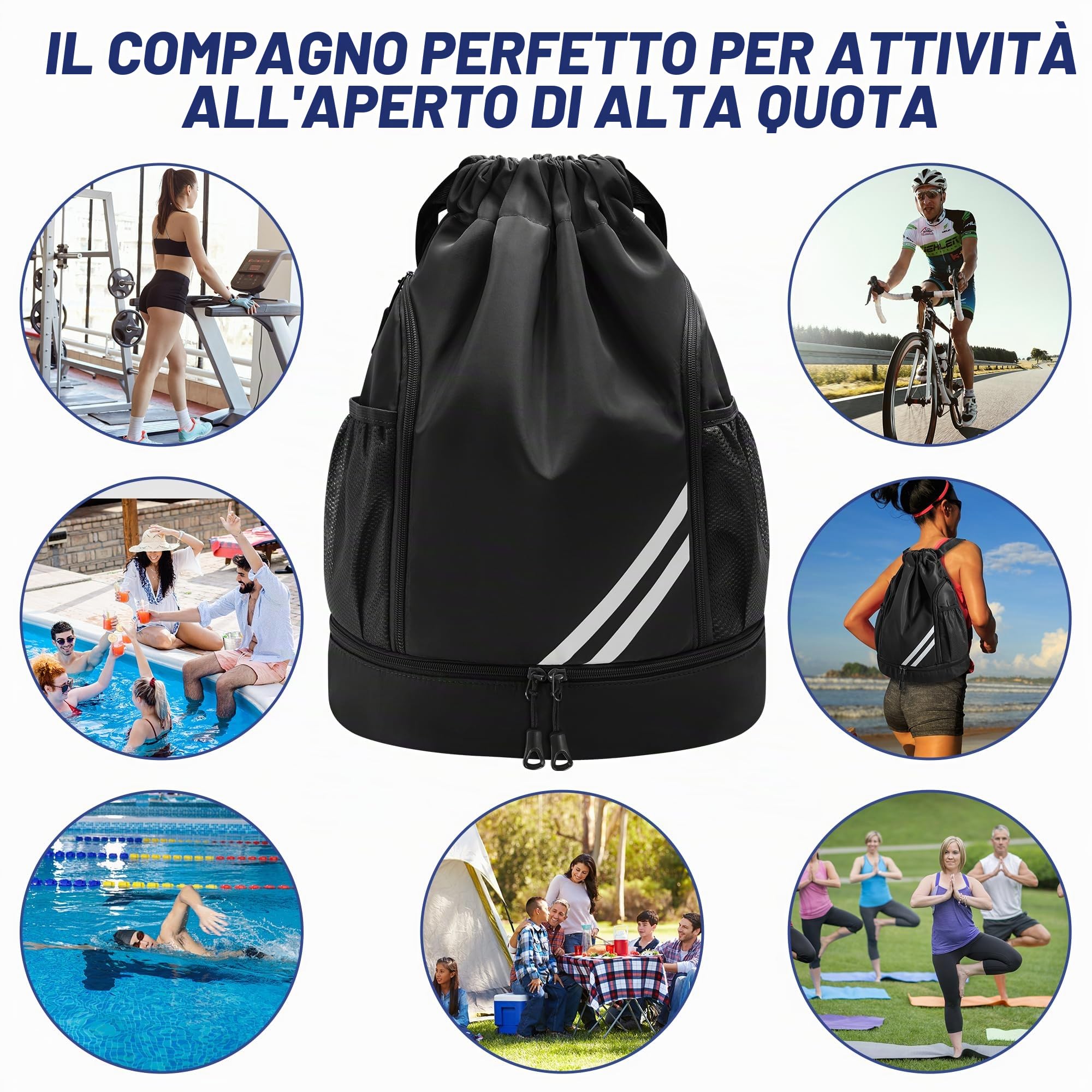 Sacca sportiva per uomini, donne e bambini, con compartimento scarpe separato, tasca principale e tasca interna, sacca palestra per basket, calcio, yoga e nuoto, zainetto sportivo