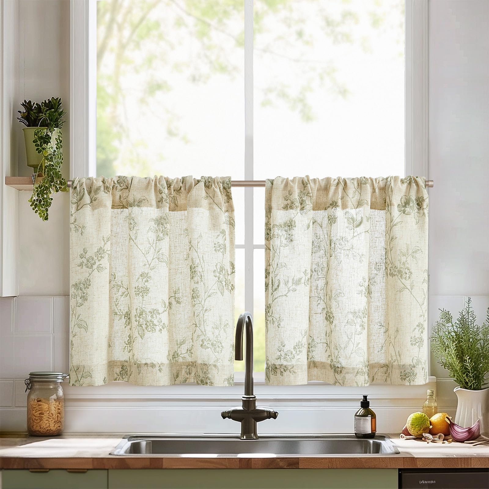 TOPICK Green Floral Linen Blend Kitchen Curtains 24 Inch Drop Short Cafe Curtains Light Filtering Small Window Curtain Tiers for Bathroom Living Room RV Rod Pocket 2 Panels - Image 2