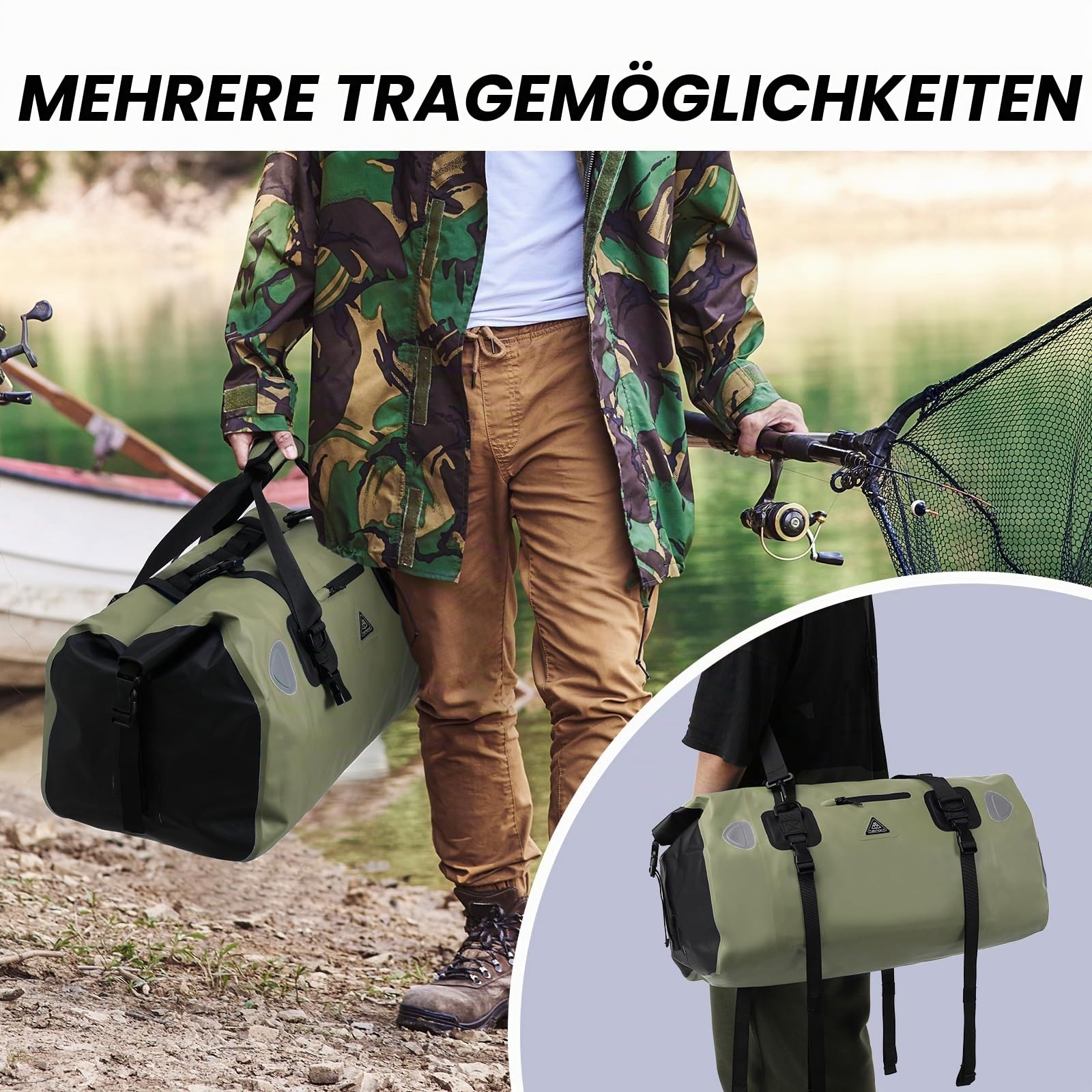 Wasserdichter Rucksack Dry Bag | wasserdichte Reisetasche Rucksack | Roll Top Seesack Wasserdicht für Camping, Motorrad Wasserfeste Tasche, wasserdichte Bootfahren, Kajakfahren, SUP, Army Green, 70L