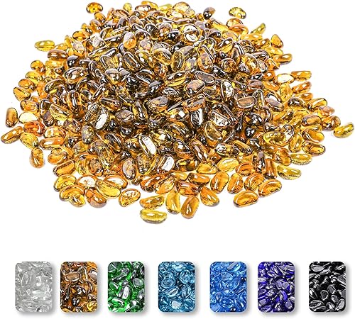 Miniatura 1 de GRISUN Anacardo de cristal amarillo para hoguera, 10 libras, rocas de vidrio templado de 1 pulgada para chimenea natural o propano, seguro para