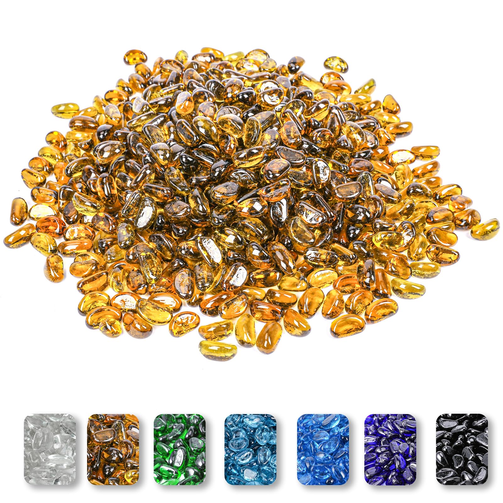 GRISUN1 Inch Amber Fire Glass Beads for Fire Pit - 10 Pound Reflective Glass, Decorative for Natural or Propane Fireplace, Fire Table, Fish Tank, Vase Fillers and Landscaping