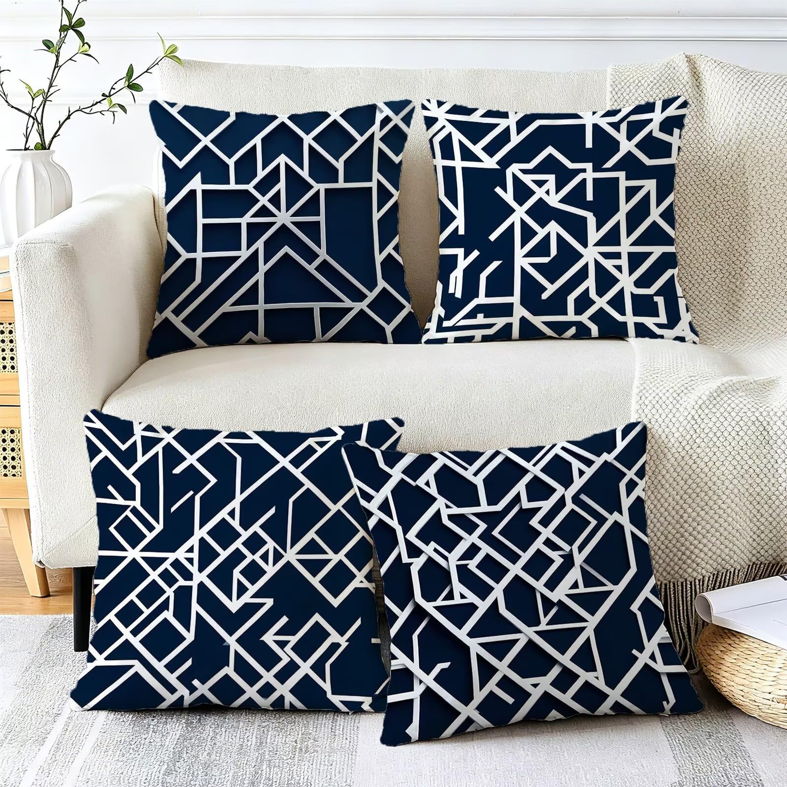 Blu Federe Cuscini Divano 60x60cm, Cuscini da Esterno Set de 4, Cod-124 | Lin Copricuscini Decorativi Letto Arredo, per Letto, Soggiorno, Giardino, Esterno, Casa Decorazione Set di 4 Linea